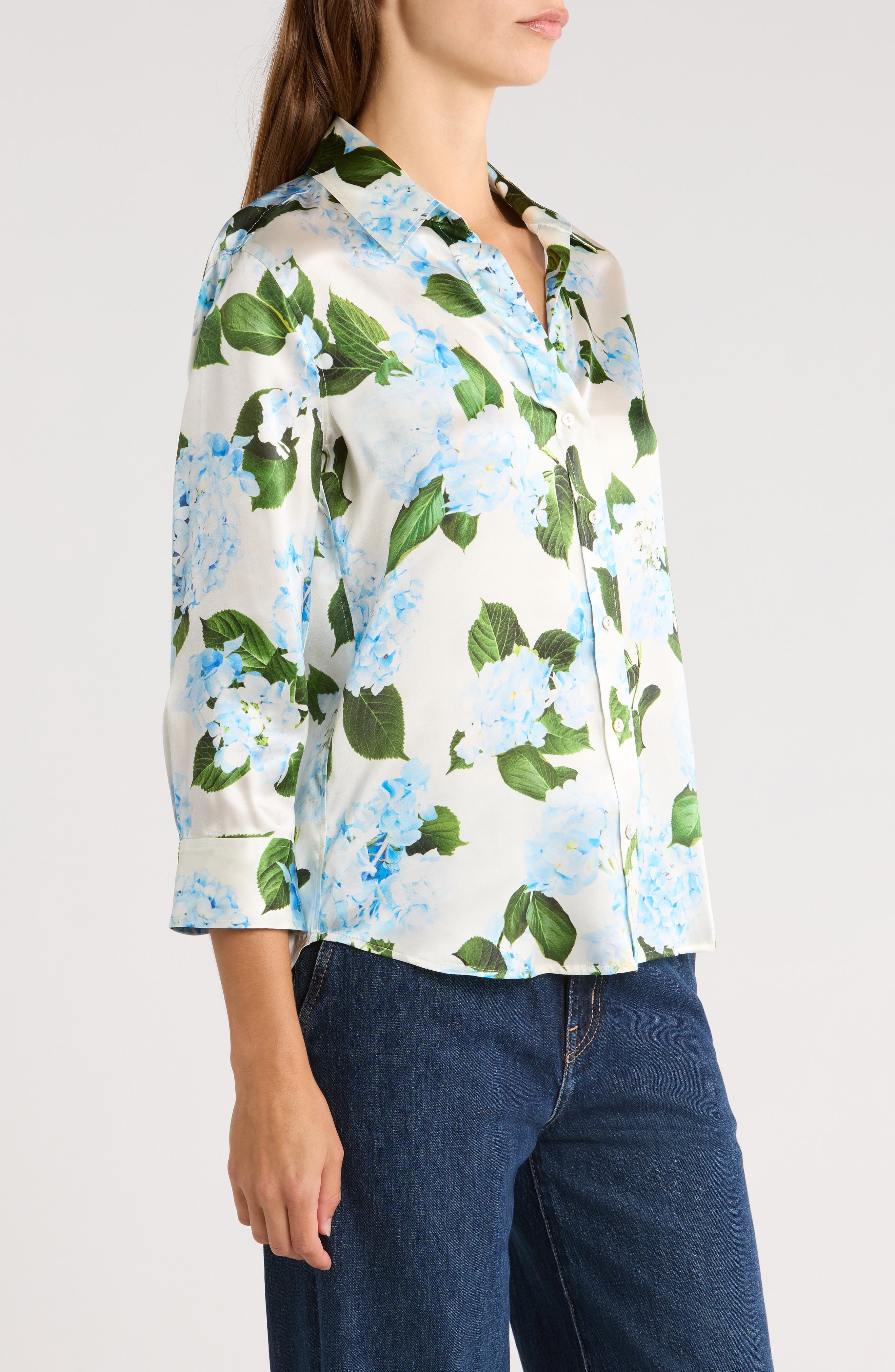 L'AGENCE Dani Floral Three-Quarter Sleeve Silk Button-Up Shirt in Ivory/Light Blue Hydrangea at Nord - 3