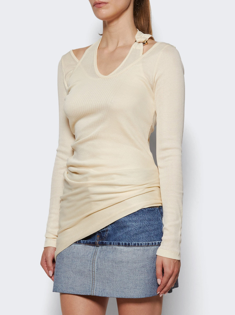 Twisted Double Layer Long Sleeves With Piercing Detail Ecru - 2