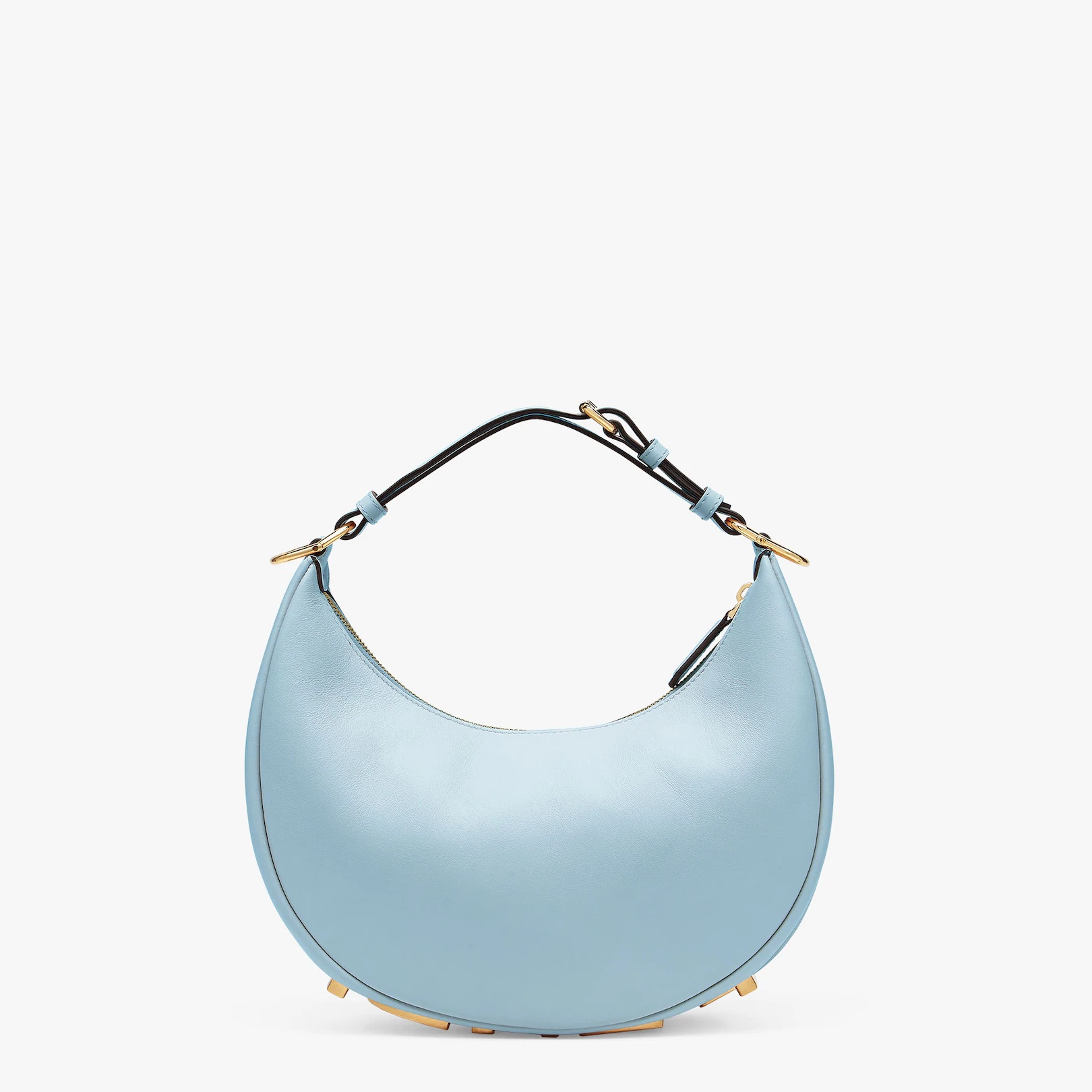 Small hobo bag made of soft light blue leather, with vintage gold metal FENDI lettering visible when - 3