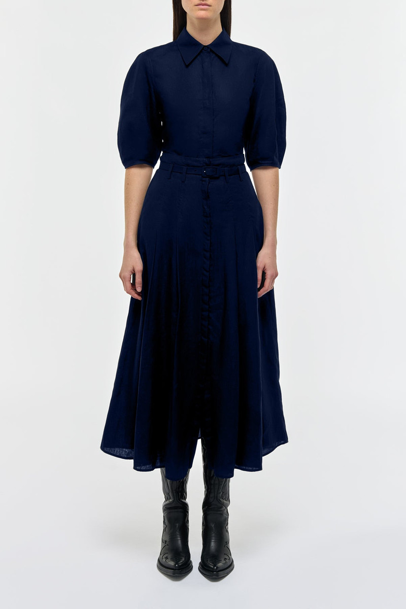 GABRIELA HEARST Dugald Pleated Midi Skirt in Electric Navy Aloe Linen outlook