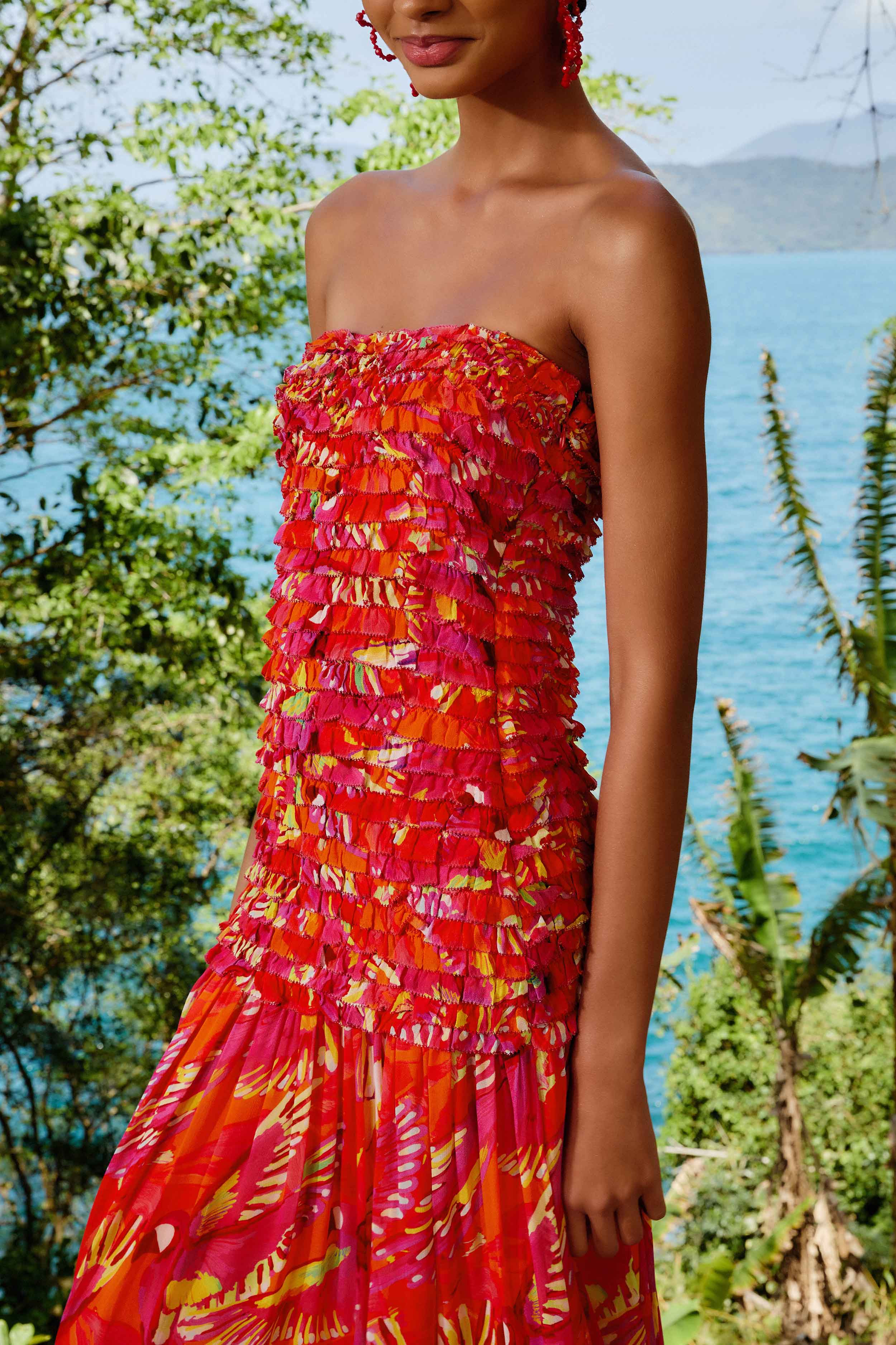 Orange Flying Birds Strapless Midi Dress - 4
