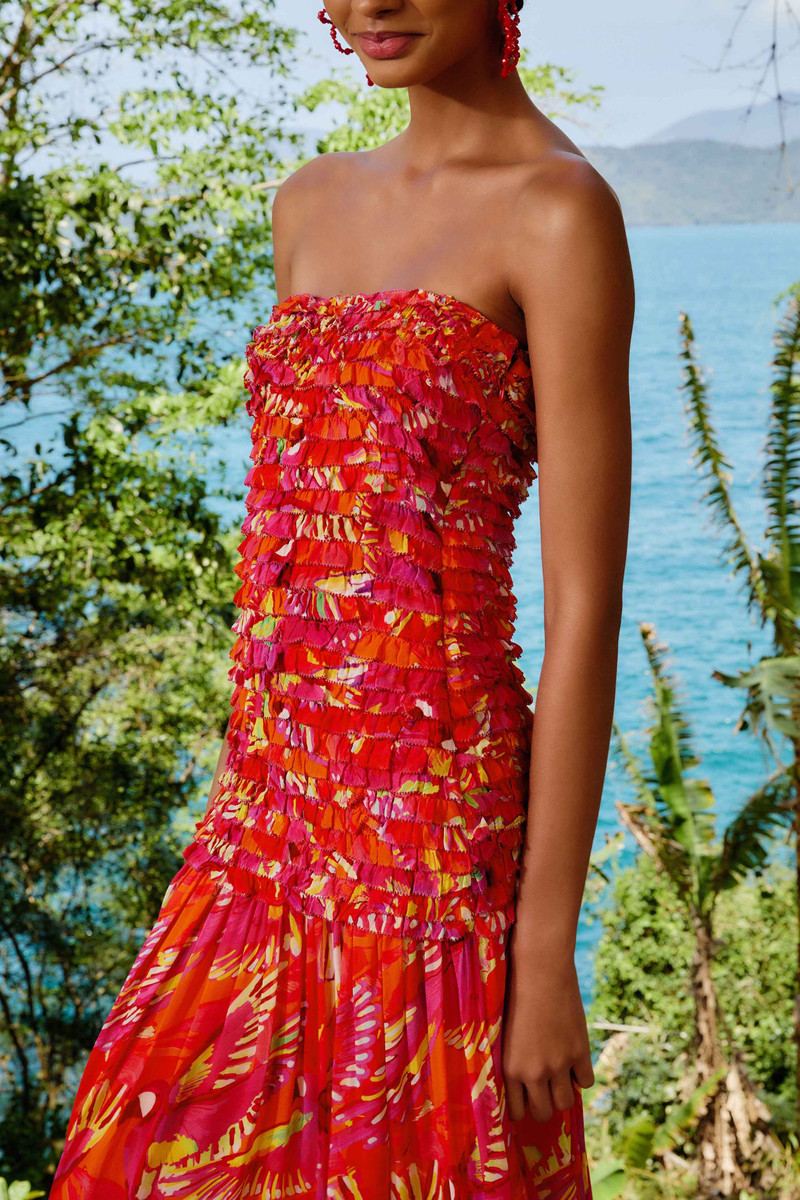 Orange Flying Birds Strapless Midi Dress 4