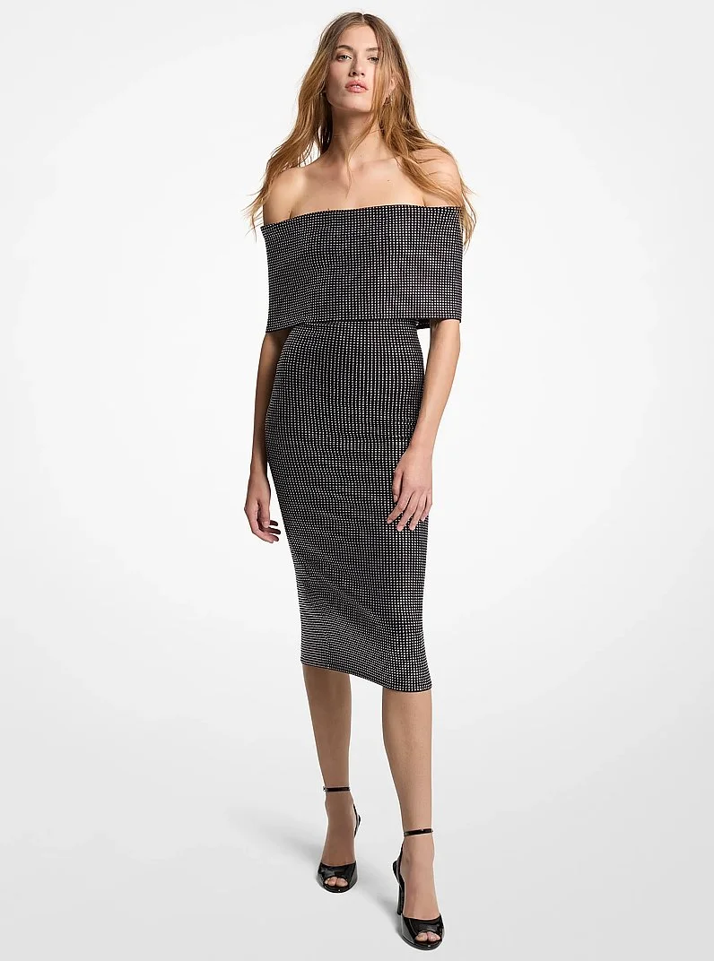 Studded Stretch Viscose Off-The-Shoulder Dress - 1