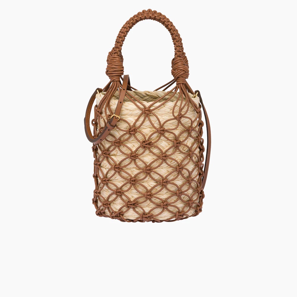 Leather mesh and straw bucket bag - 1