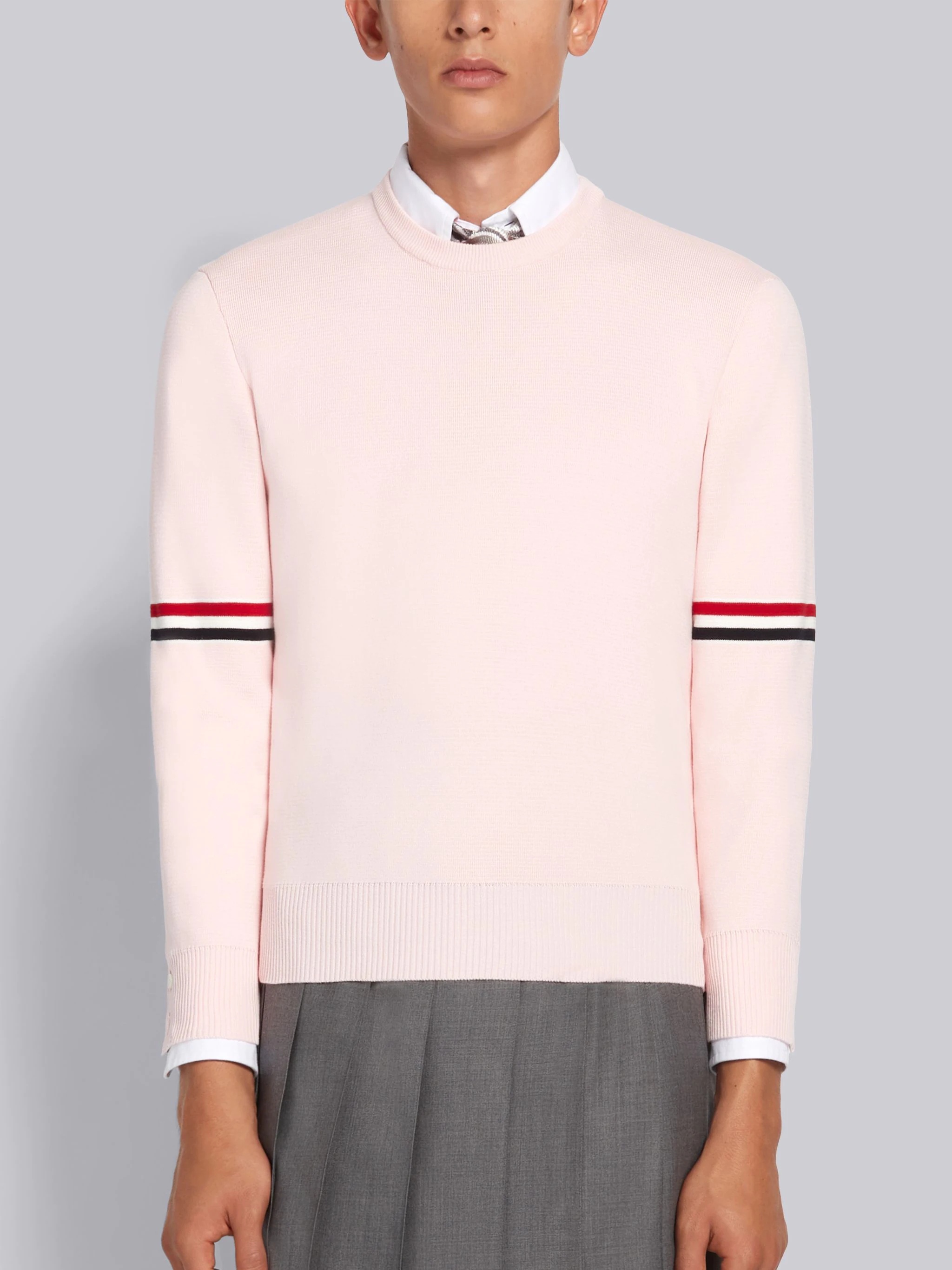 Pink Cotton Milano Stitch Stripe Armband Crewneck Pullover - 1