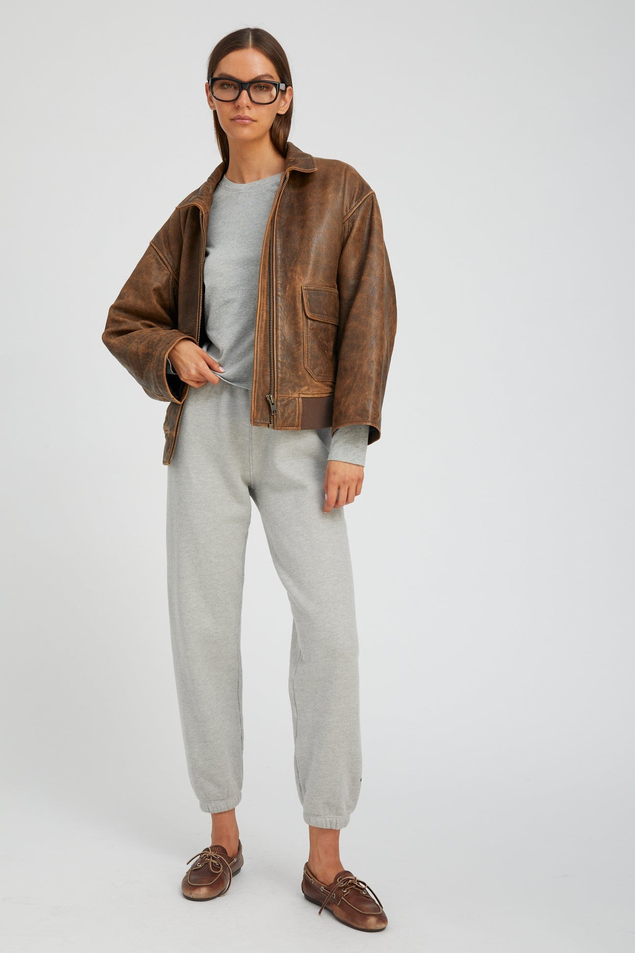 BROWN DISTRESSED LEATHER AVIATOR JACKET - 2
