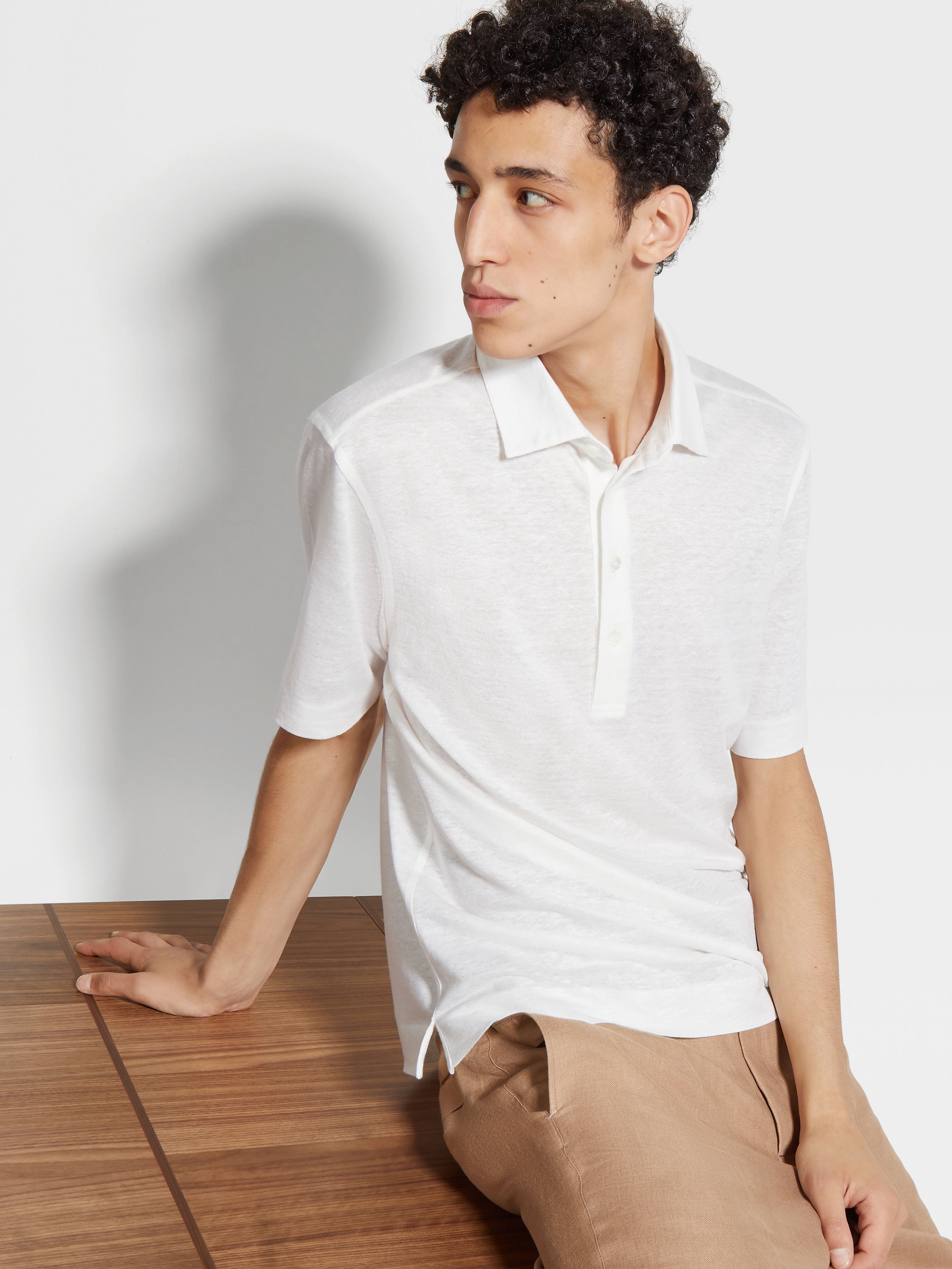 OPTICAL WHITE LINEN POLO SHIRT - 3