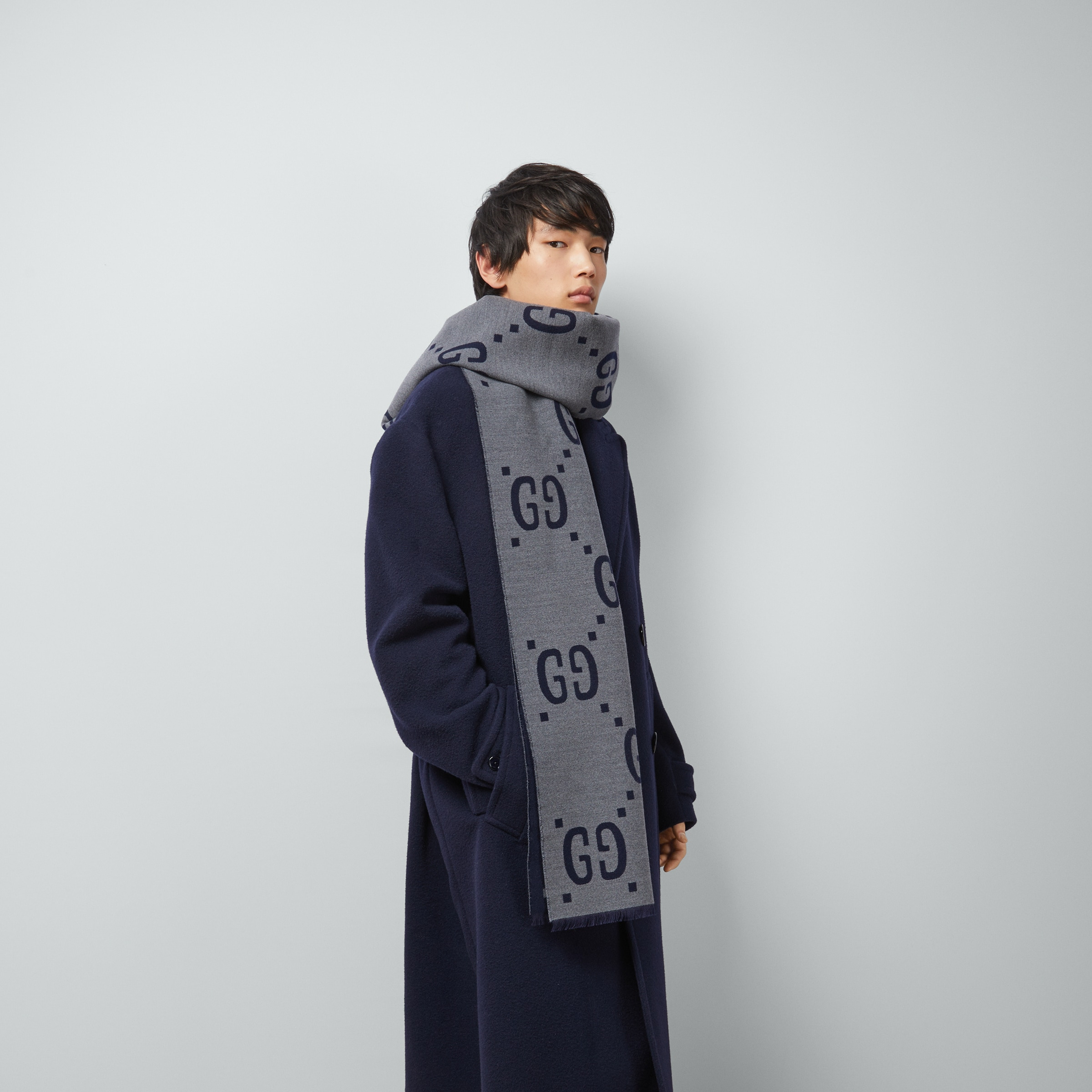 GG jacquard wool silk scarf - 3