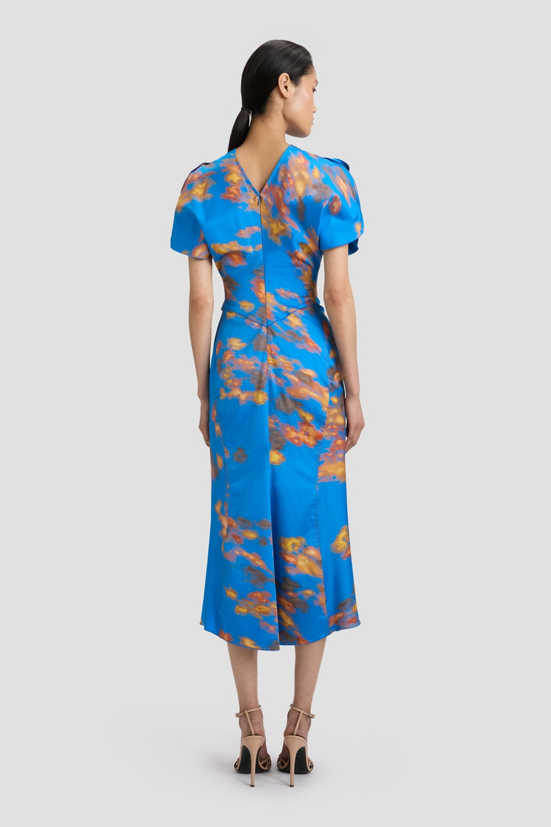 Gathered Waist Midi Dress In Blue Abstract Floral Print 4