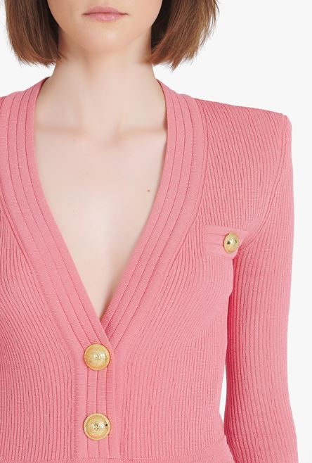 Short salmon pink eco-designed knit dress with gold-tone buttons - 6