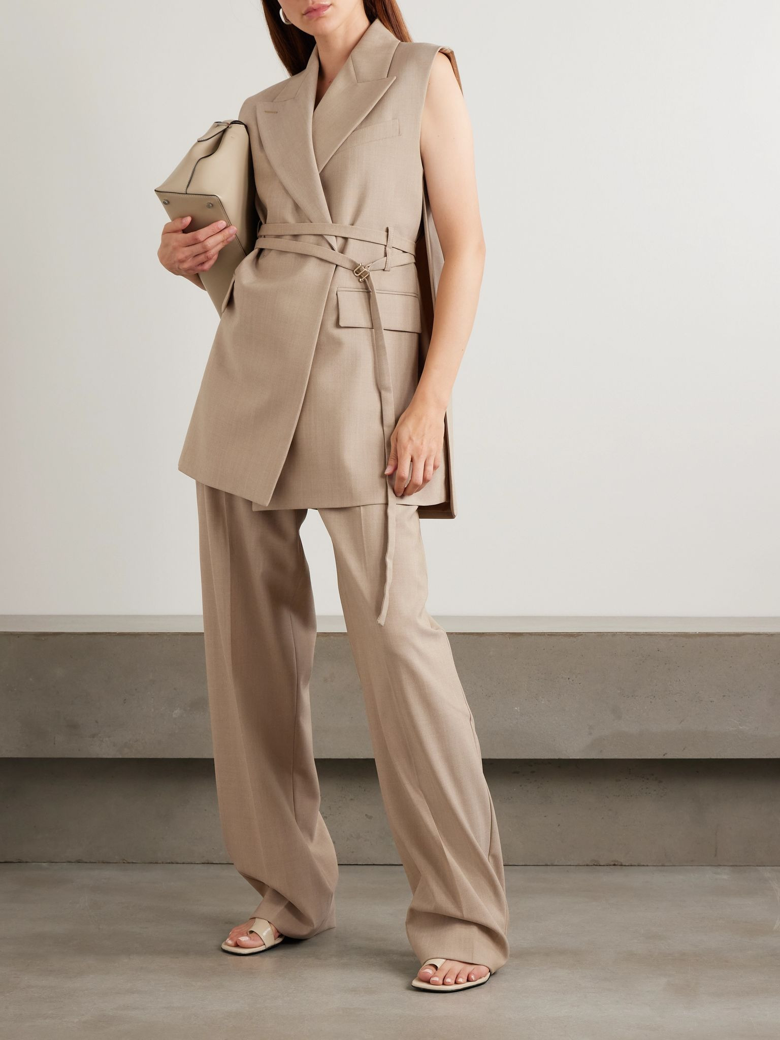 Oversized belted grain de poudre wool vest Beige - 2