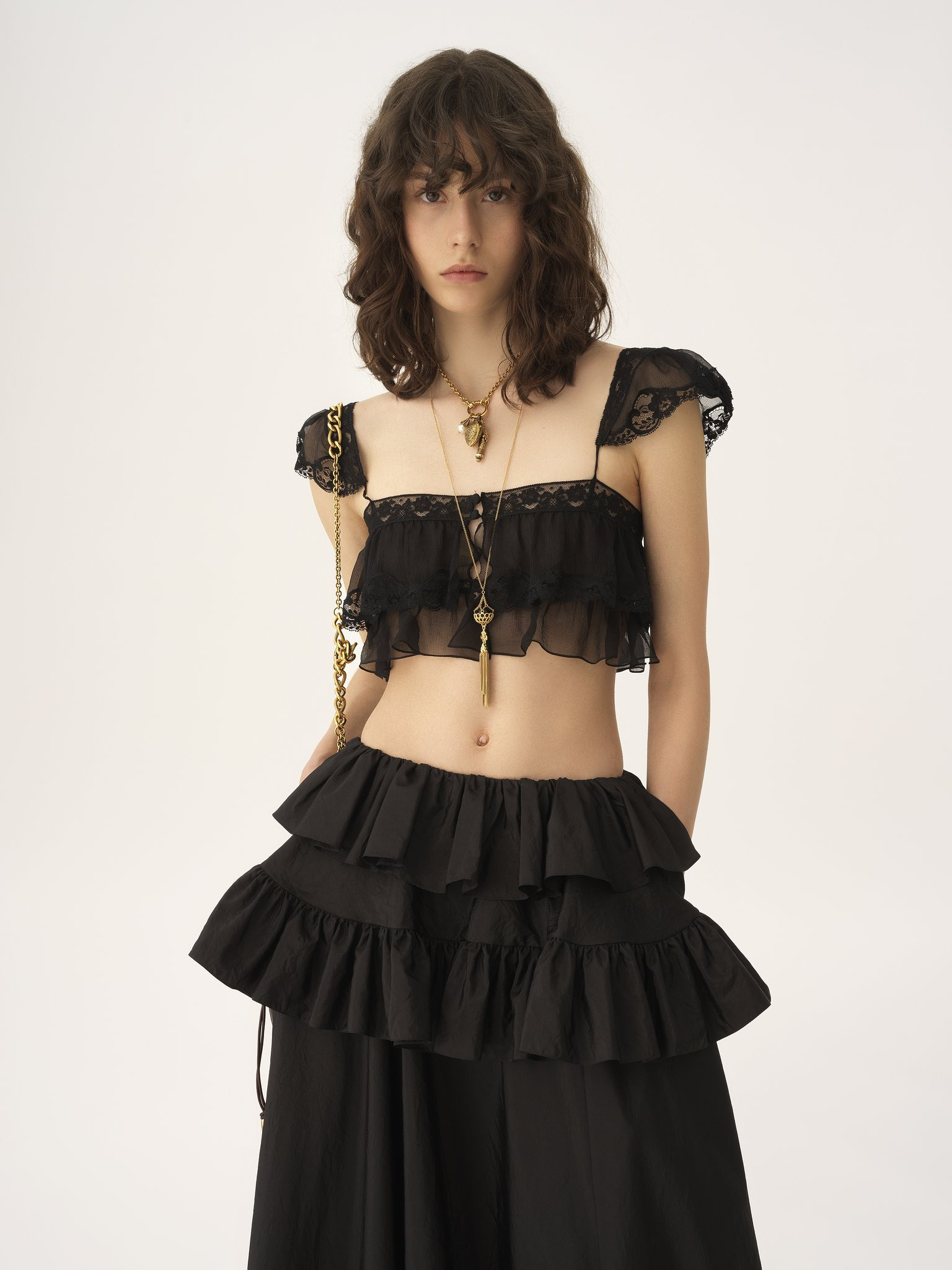 RUFFLED BRALETTE IN SILK MOUSSELINE & LACE - 4