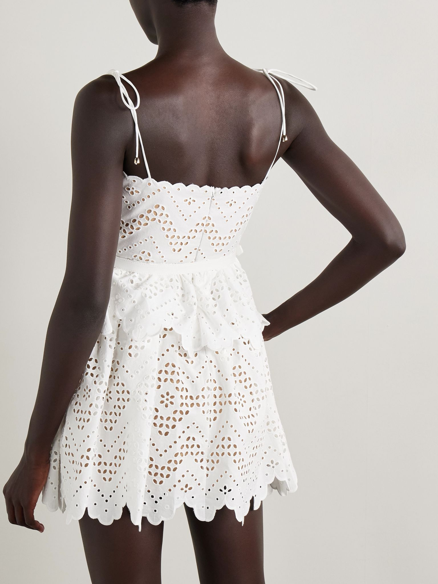 Belted scalloped broderie anglaise cotton-voile mini dress White - 3