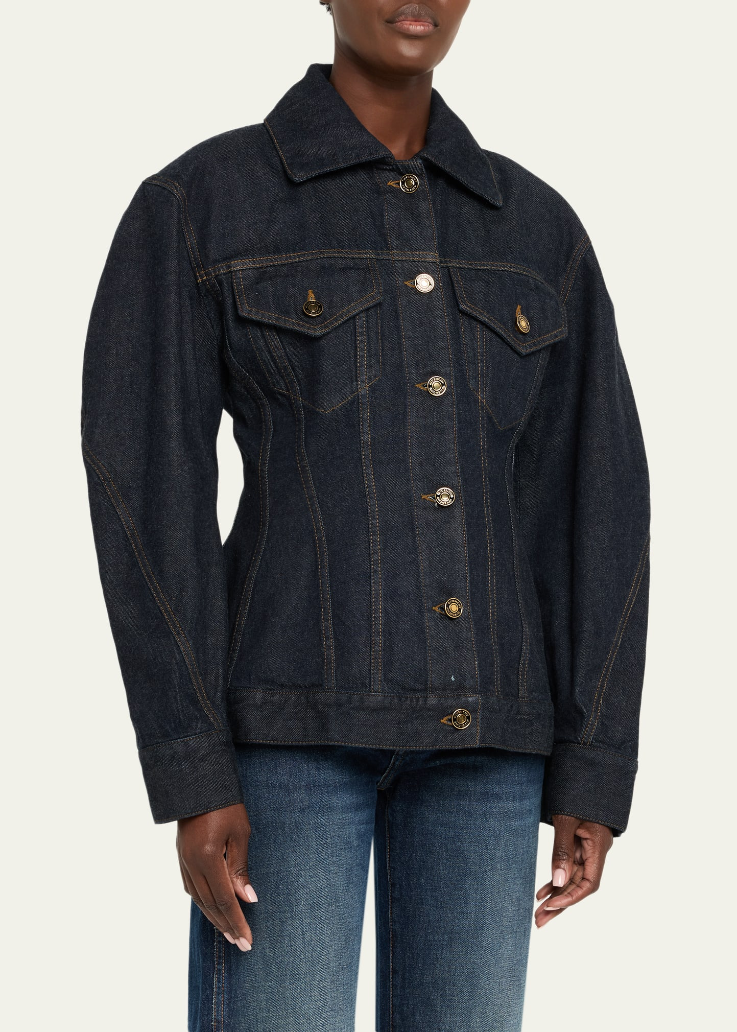 Cocoon-Sleeve Waisted Denim Jacket - 4