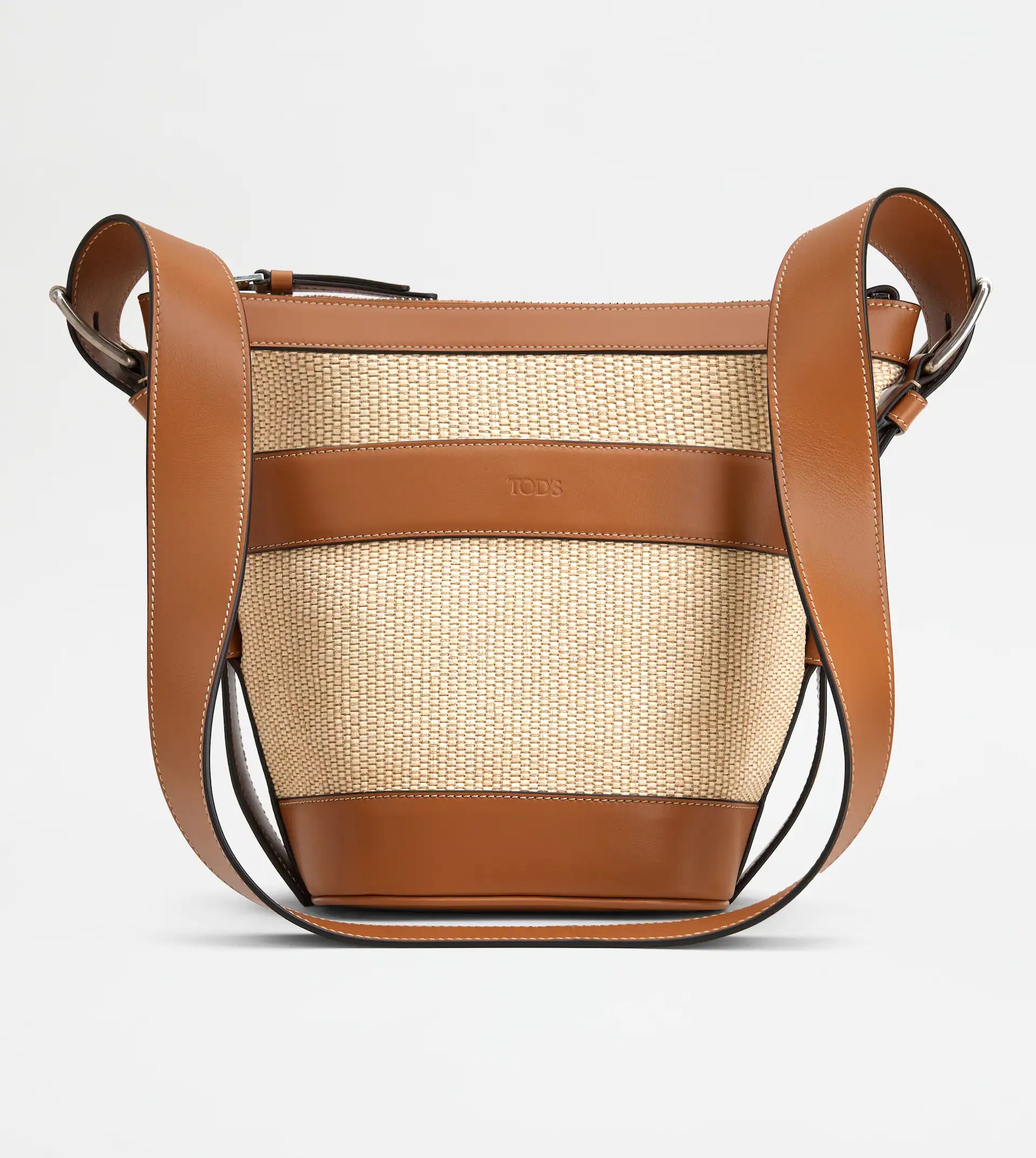 RAFFIA AND LEATHER BUCKET BAG SMALL - BROWN - 3