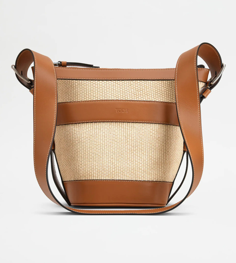 RAFFIA AND LEATHER BUCKET BAG SMALL - BROWN 3