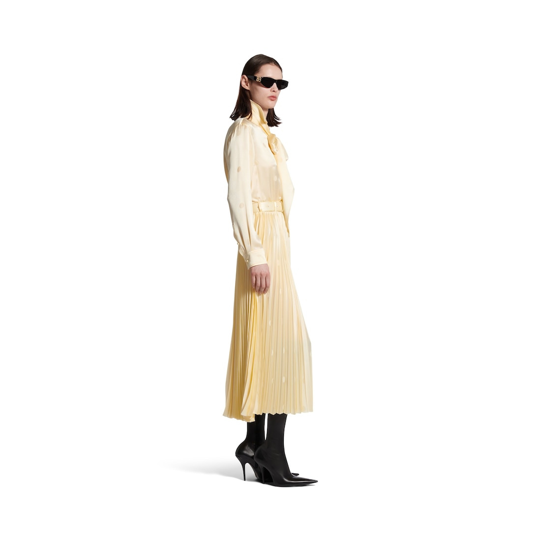 Women's Lace-up Pleated Dress in Cream - 3