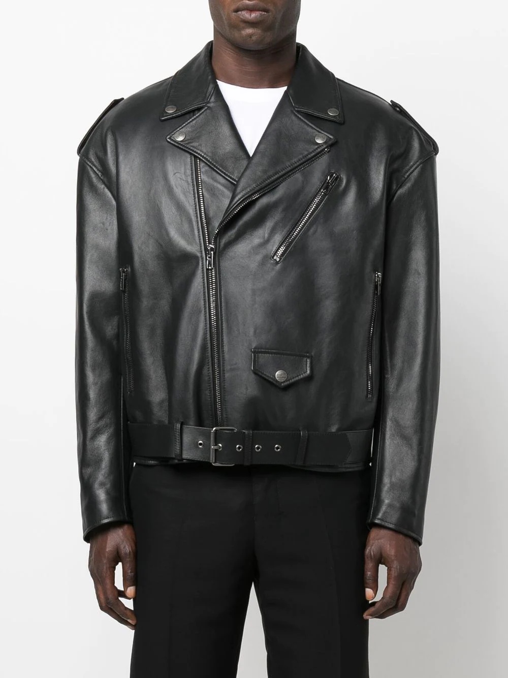 notched-lapels zip-pockets leather jacket - 3