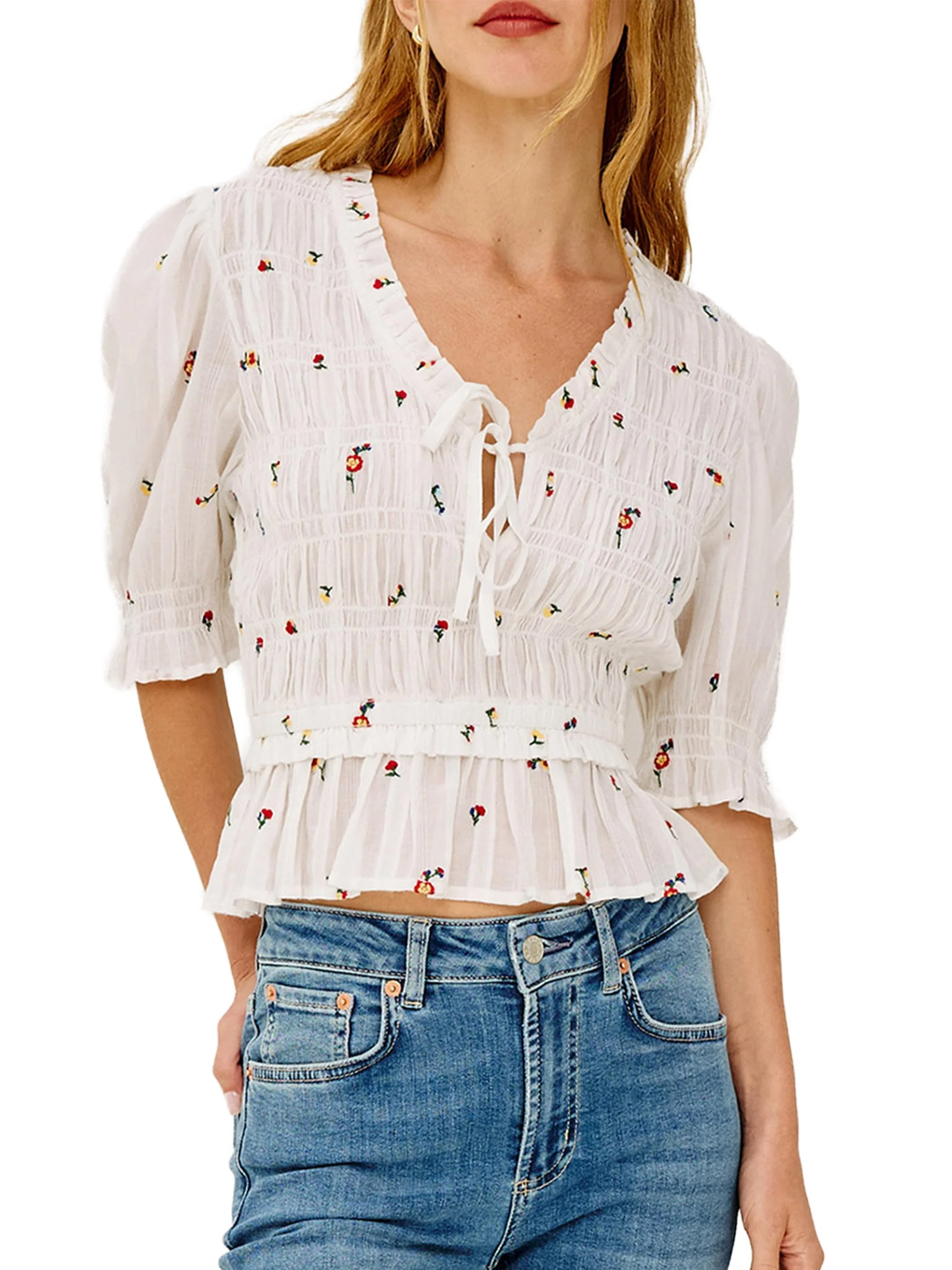 Women's Fontaine Floral-Embroidered Cotton Top - White Wildflowers - 1
