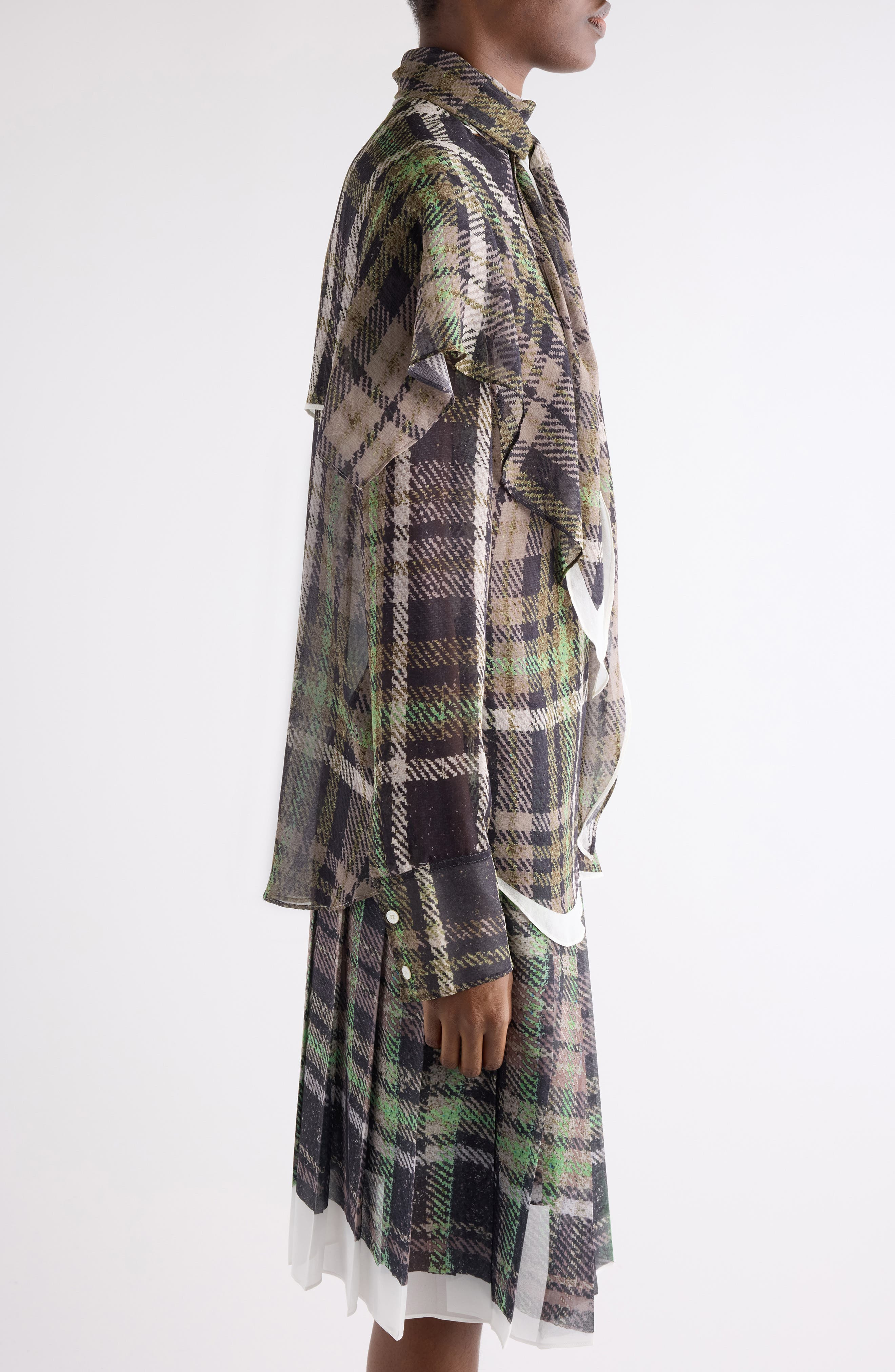 Acne Studios Senelle Plaid Silk Shirt in Green/Grey at Nordstrom - 4