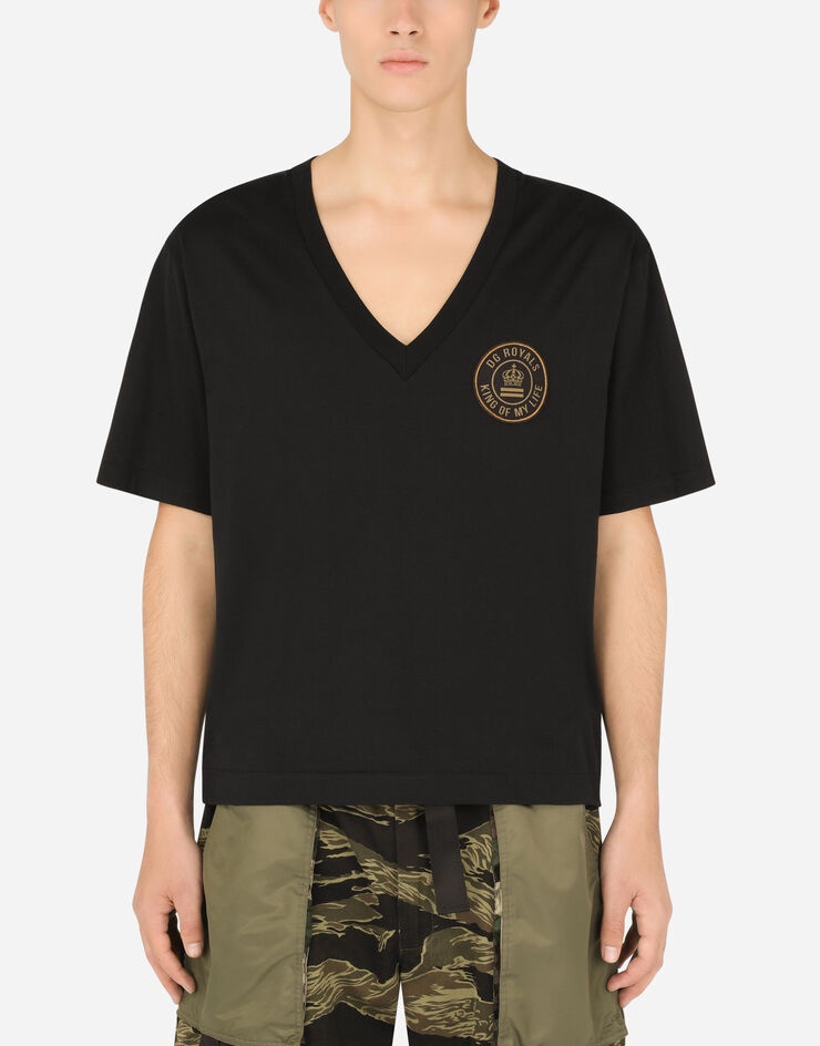 Cotton V-neck T-shirt with patch - 1