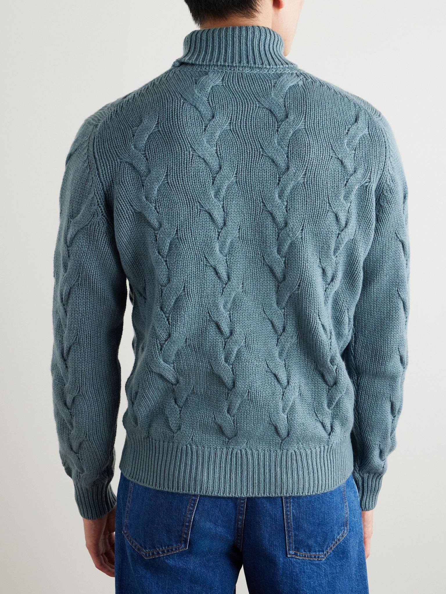 Cable-Knit Cashmere Rollneck Sweater Blue - 3