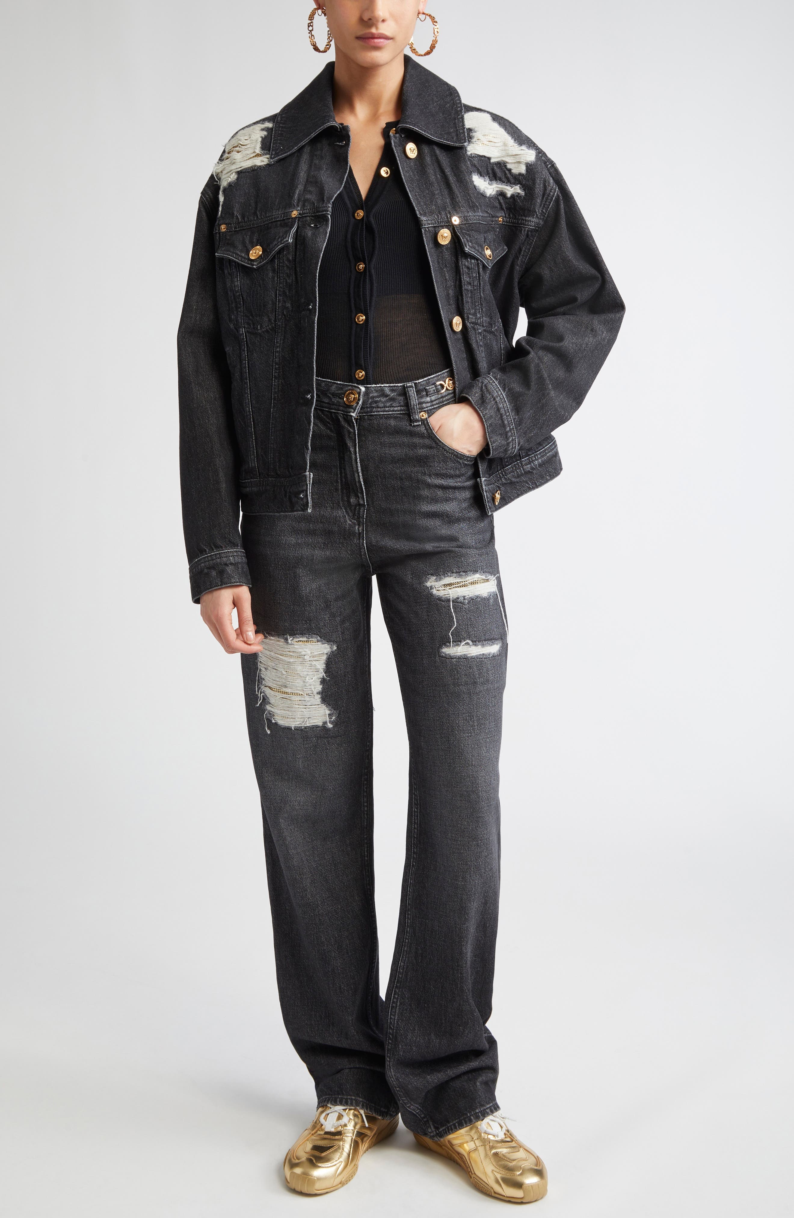 Versace Rip & Repair Denim Trucker Jacket in Black at Nordstrom - 2