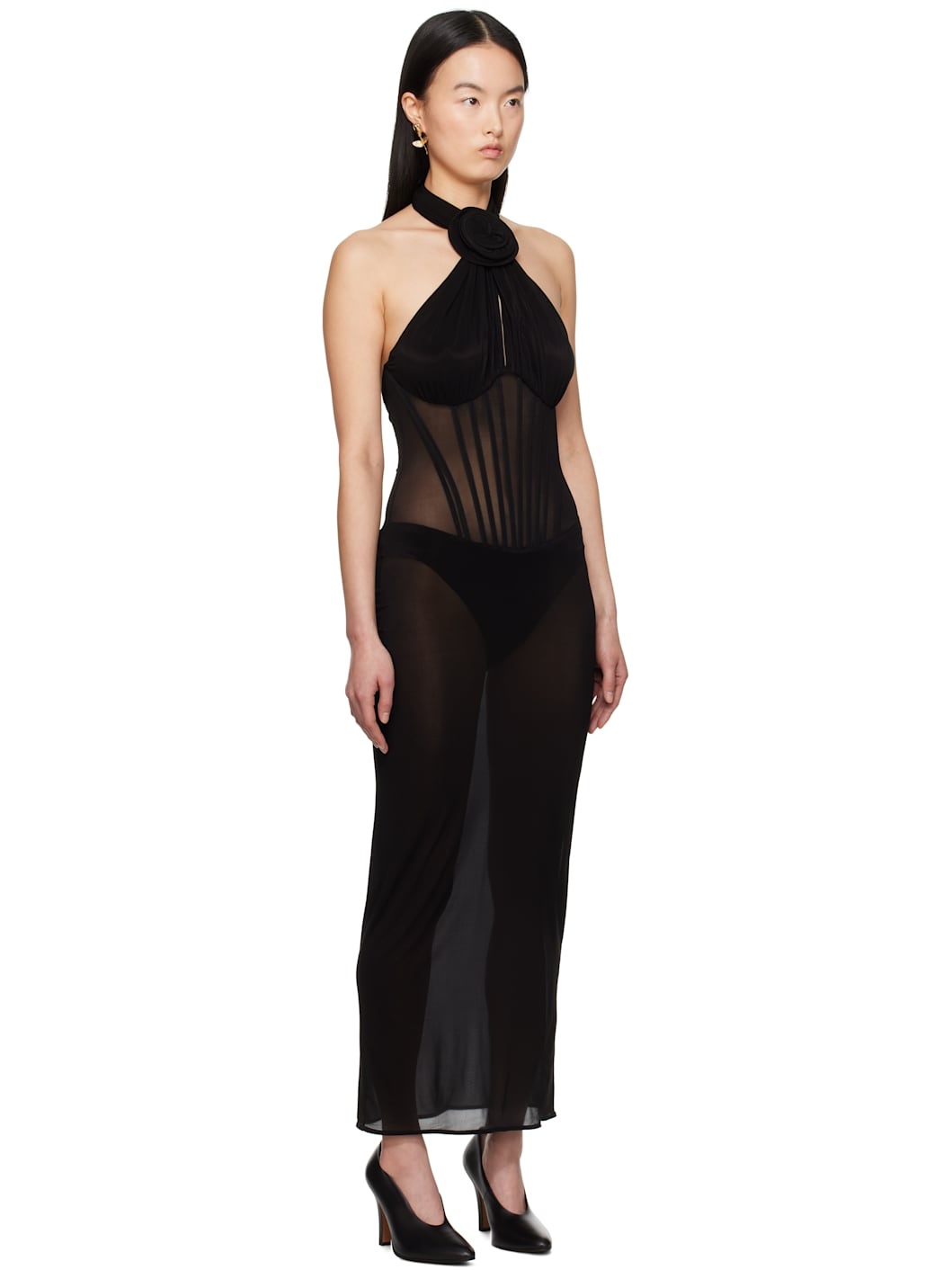 Black Sheer Halter Bustier Midi Dress - 2