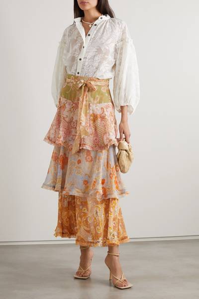 Zimmermann Postcard tiered printed cotton and silk-blend voile midi skirt outlook