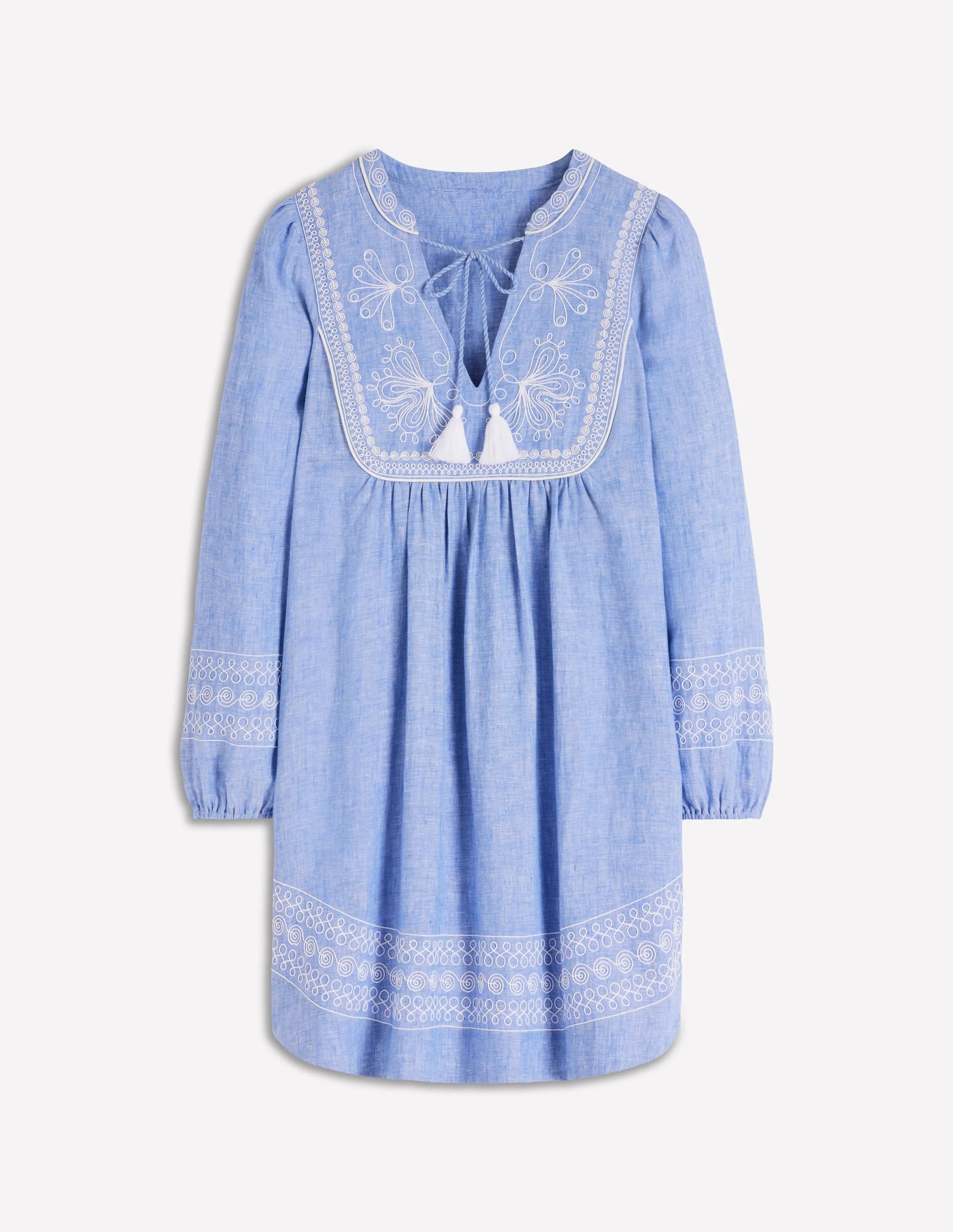 Pia Linen Yoke Tassel Dress-Chambray Embroidery - 1