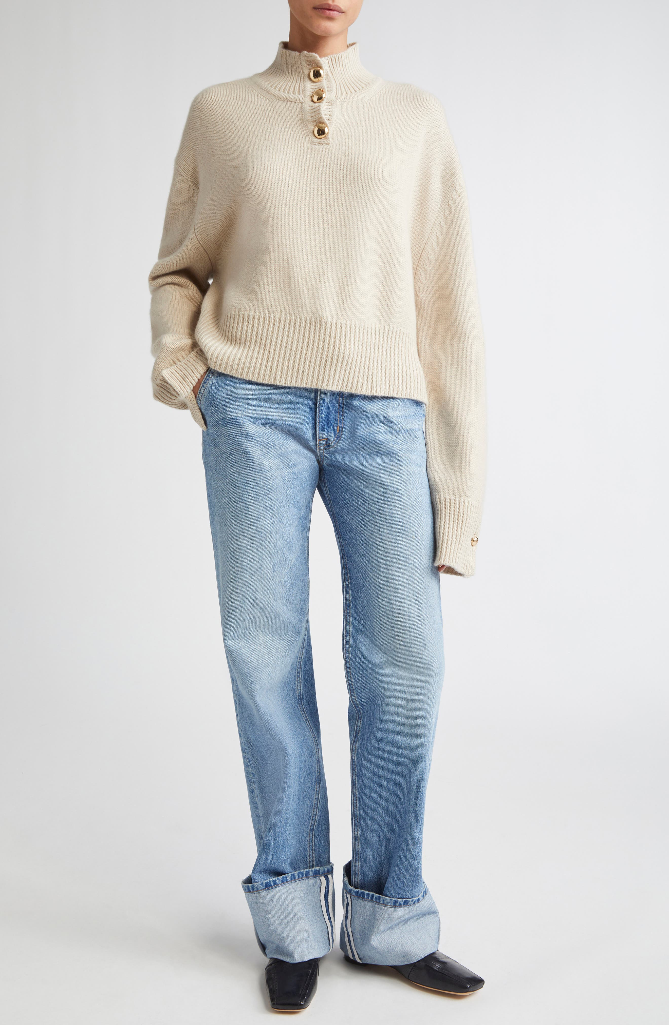 Brandon Maxwell The Rowe Crop Cashmere Henley Sweater in Oatmeal at Nordstrom - 2