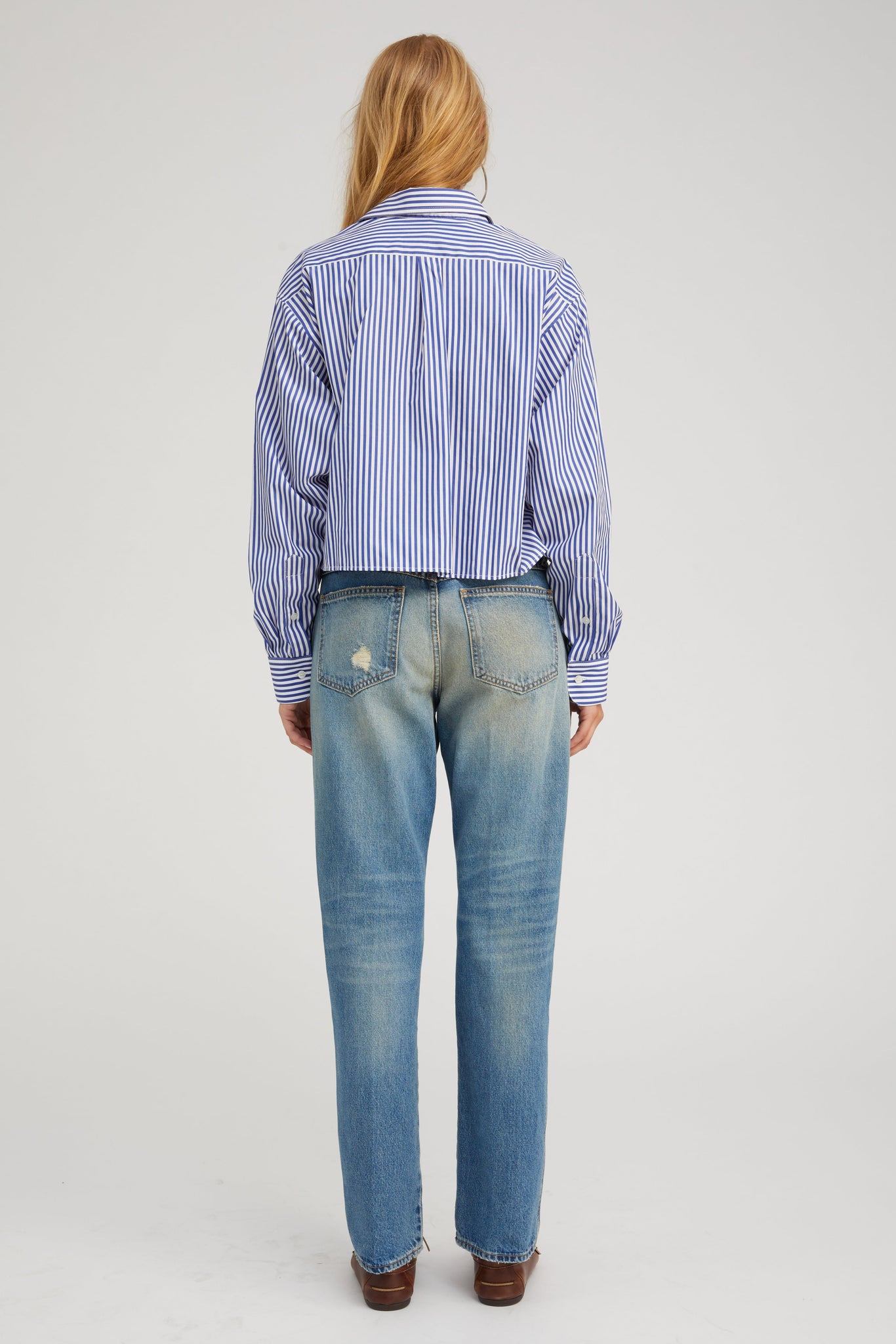 ROYAL BLUE STRIPED CROPPED BUTTON DOWN - 5