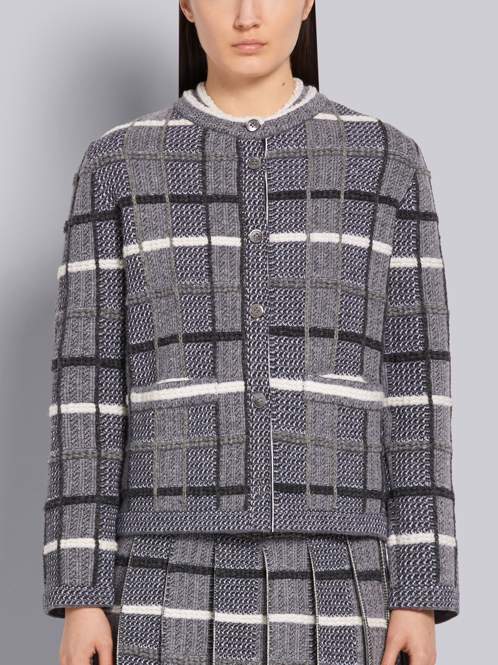 Tonal Grey Shetland Merino Wool Check Jacquard Inlay Crewneck Jacket - 1