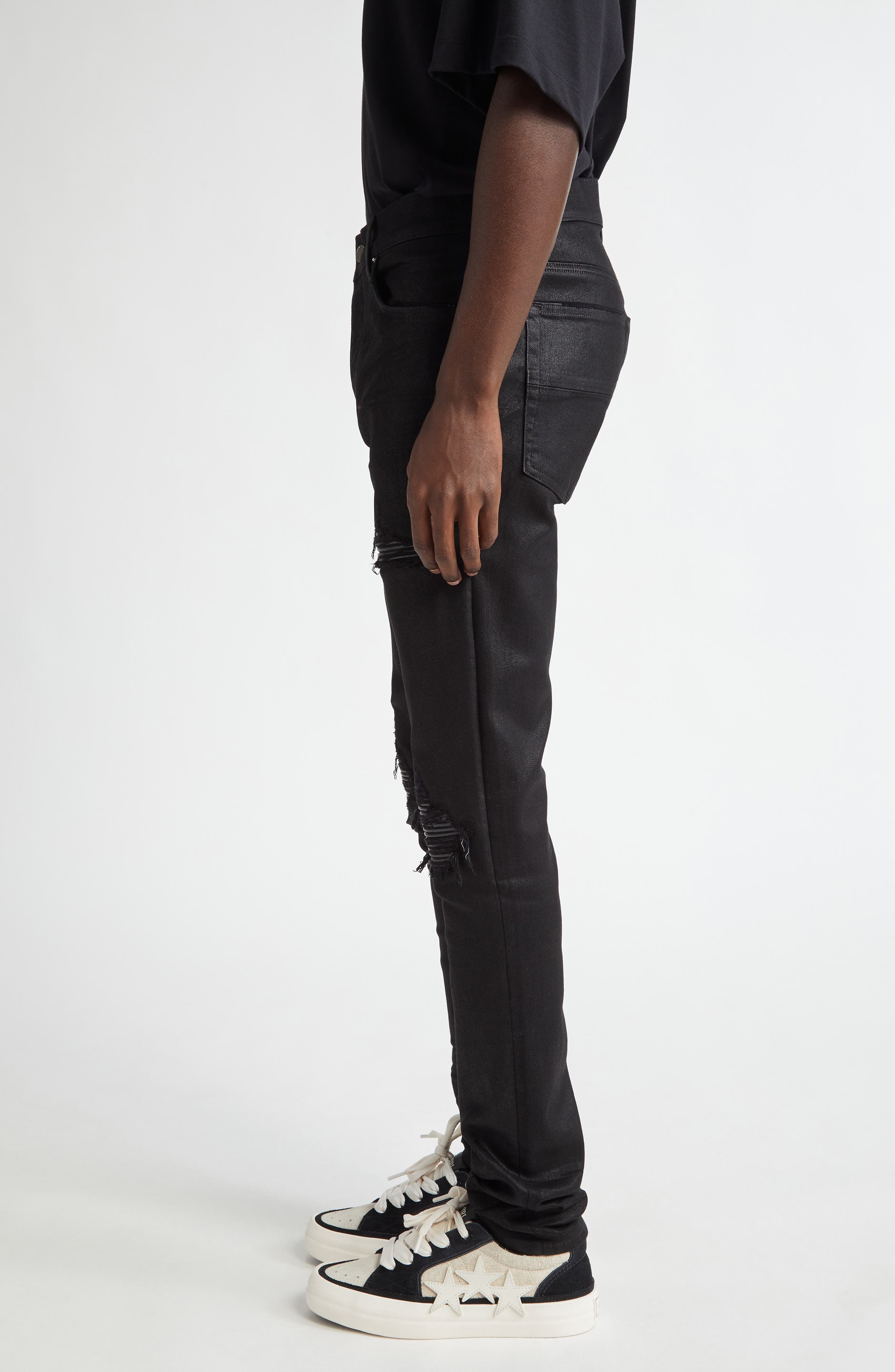 AMIRI WAX MX1 Leather Patched Distressed Jeans in Black at Nordstrom - 4