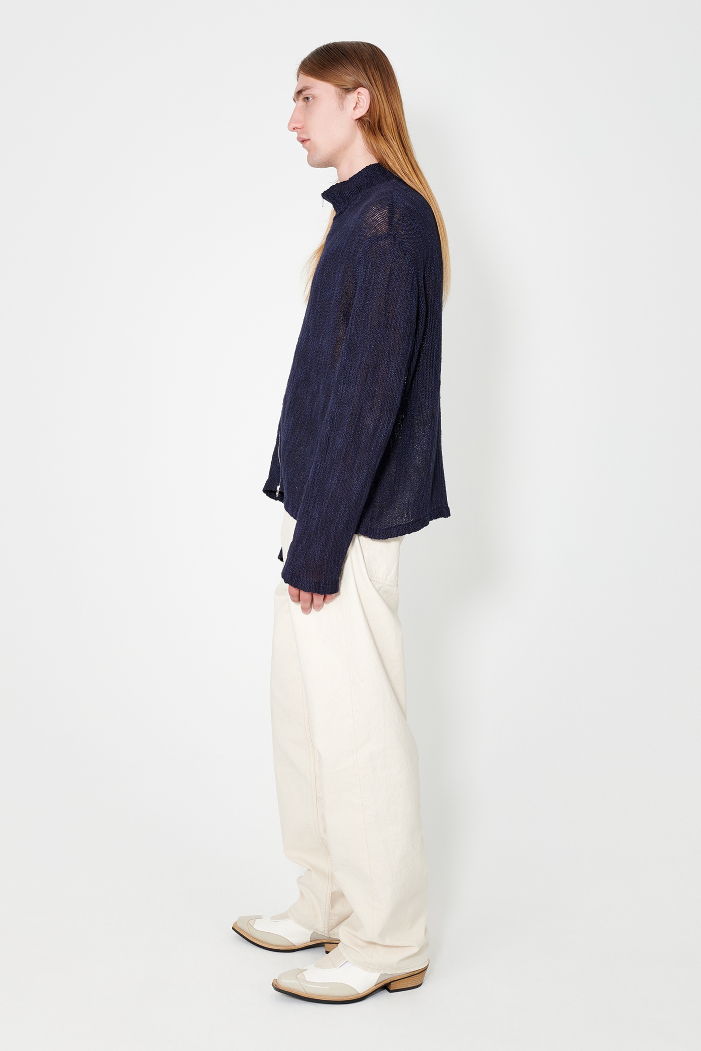 Shrunken Full Zip Polo Navy Yawning Linen - 5