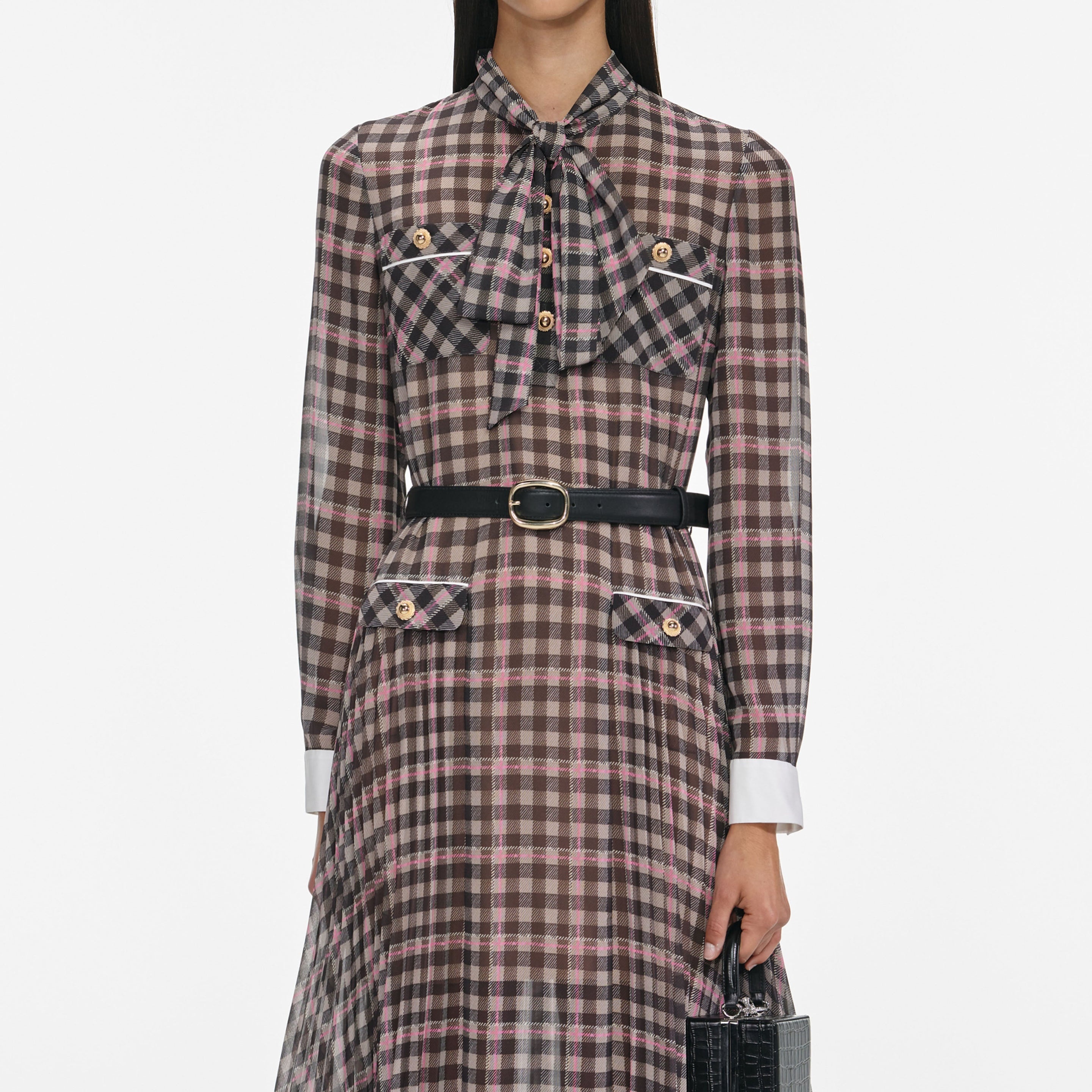 Brown Check Chiffon Midi Dress - 4