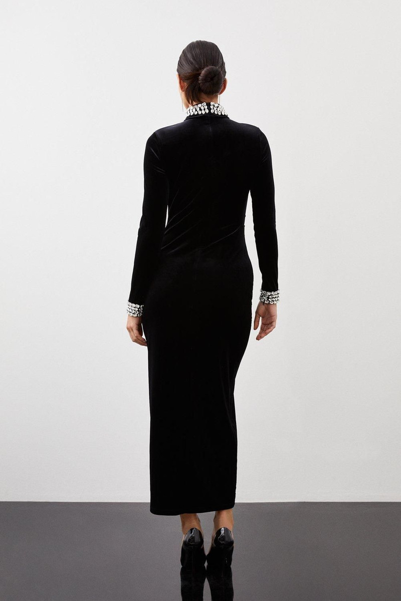 Stretch Velvet Crystal Embellished Long Sleeve Maxi Dress 6