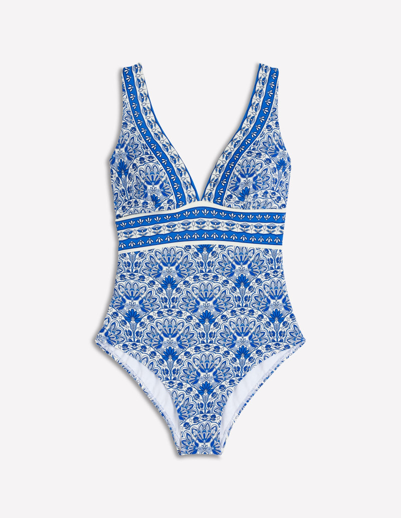 Porto V-neck Swimsuit-Blue, Elaborate Terrace - 1