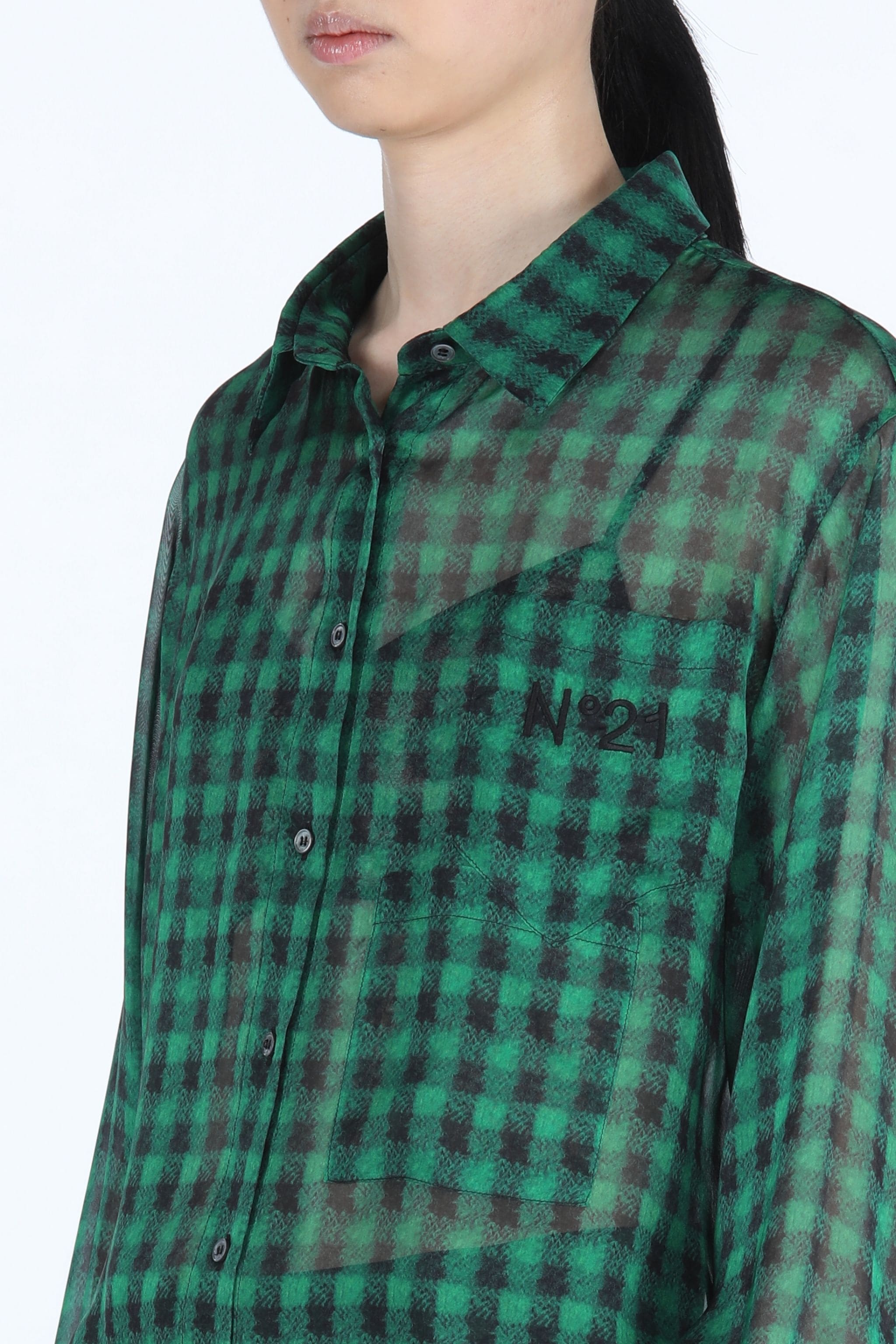 LOGO-EMBROIDERED CHECKED SILK SHIRT - 5