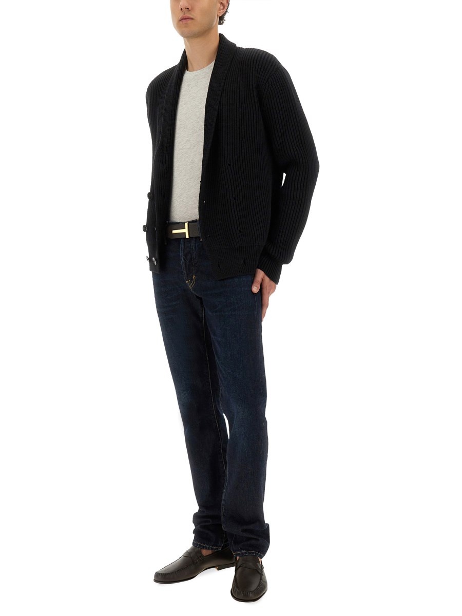 WOOL AND SILK DOUBLE-BREASTED CARDIGAN WITH SHAWL COLLAR - 2