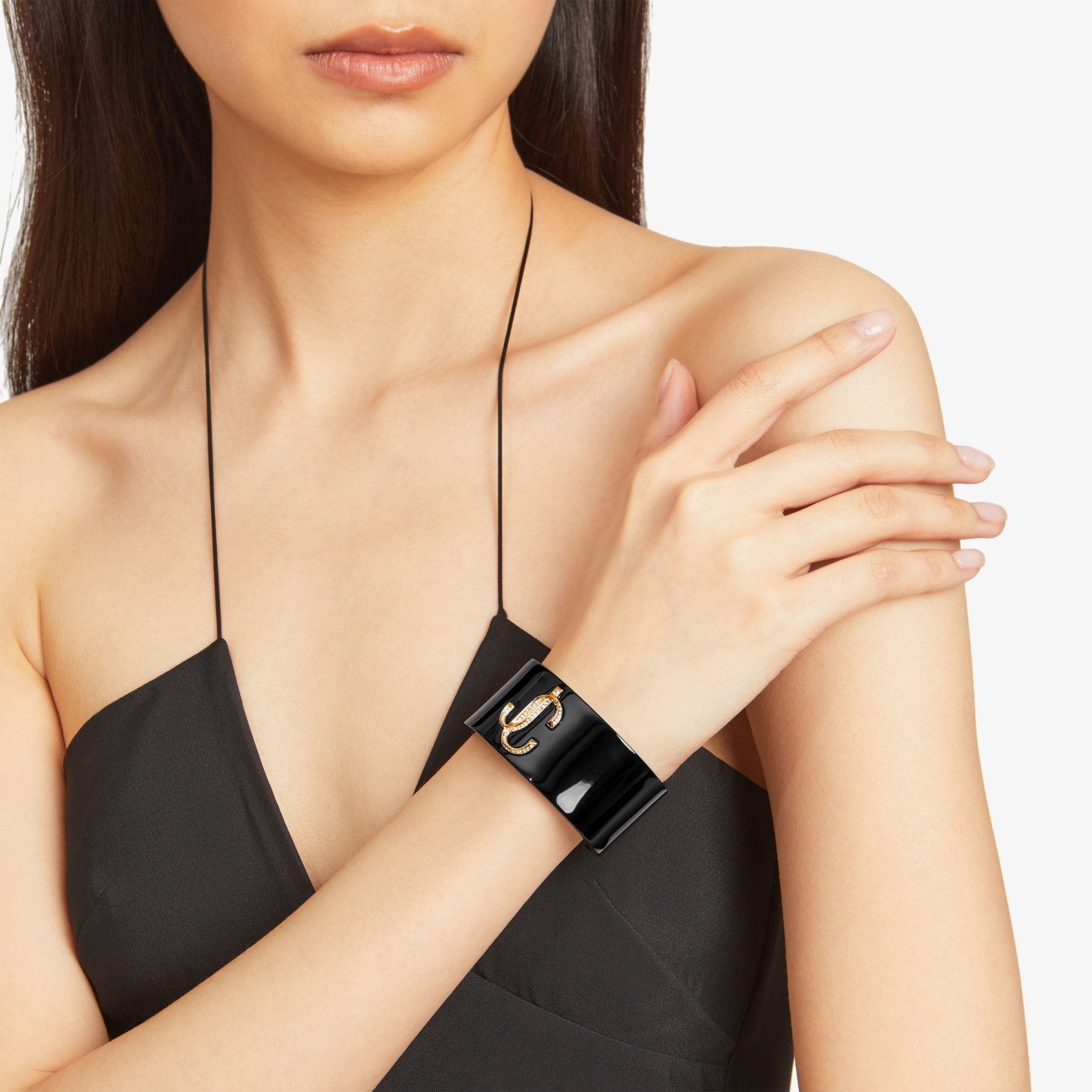 JC Cuff
Black Acrylic Cuff Bracelet with Gold-Finish Metal and Crystal JC Emblem - 2