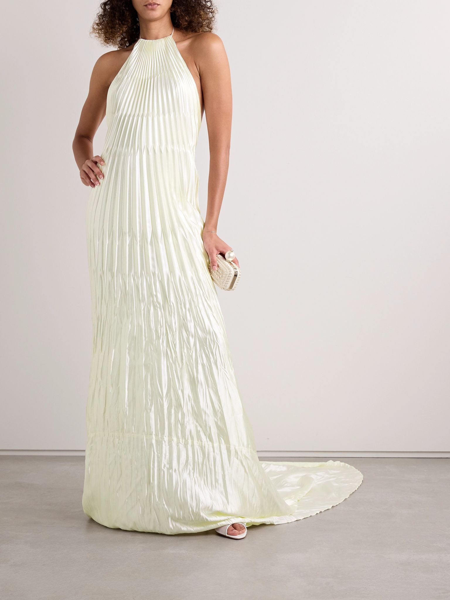 Sinclair embellished wool and silk-blend plissé-mikado halterneck gown Ivory - 2