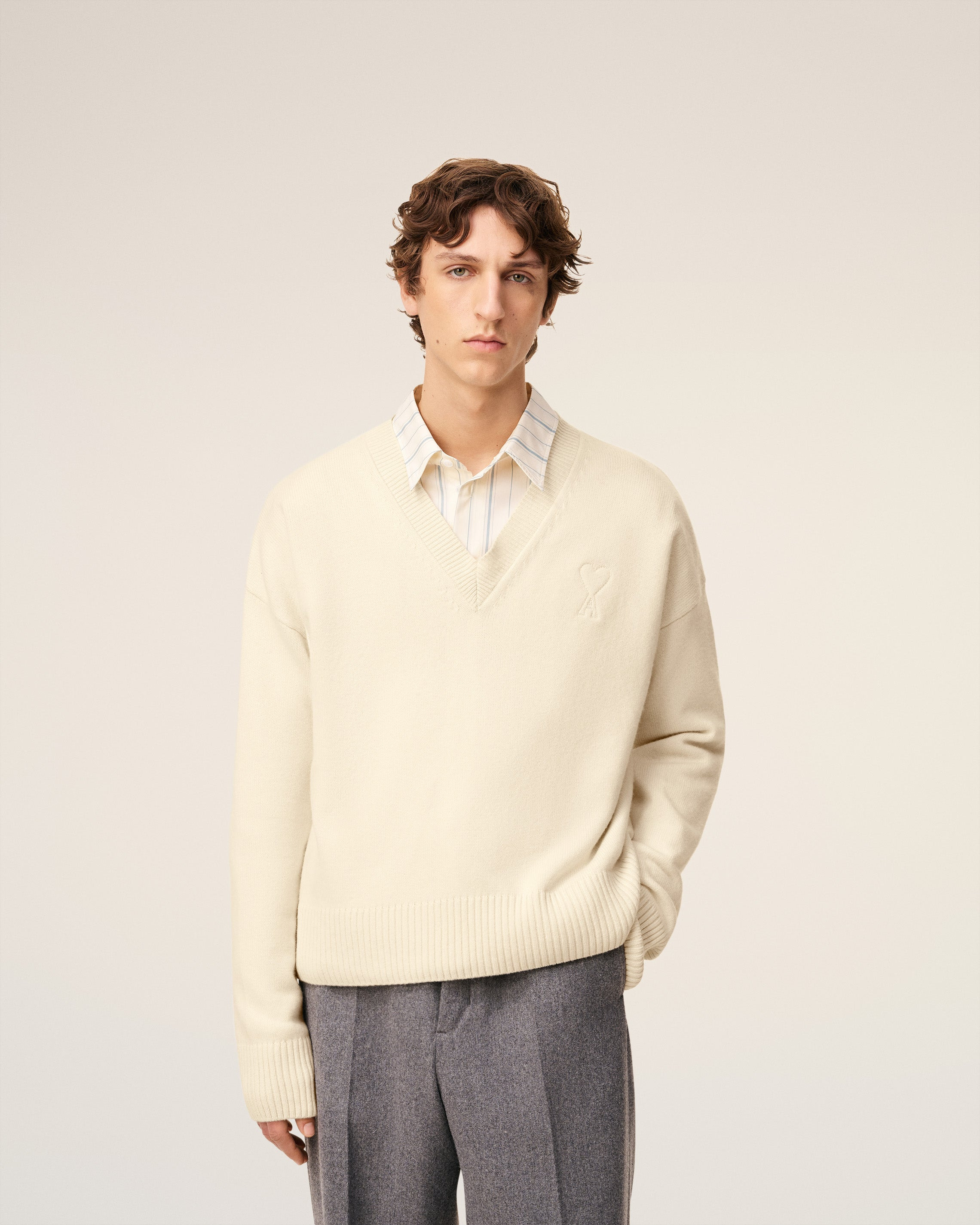 WHITE WOOL AMI DE COEUR V NECK SWEATER - 3
