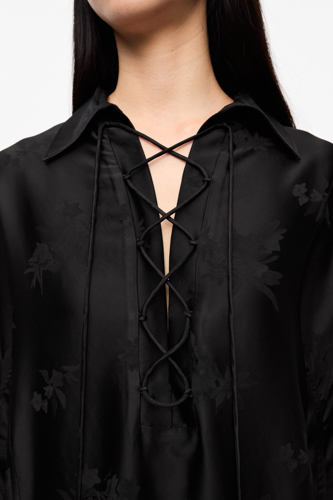 BLACK SATIN JACQUARD TIE STRING SHIRT - 5