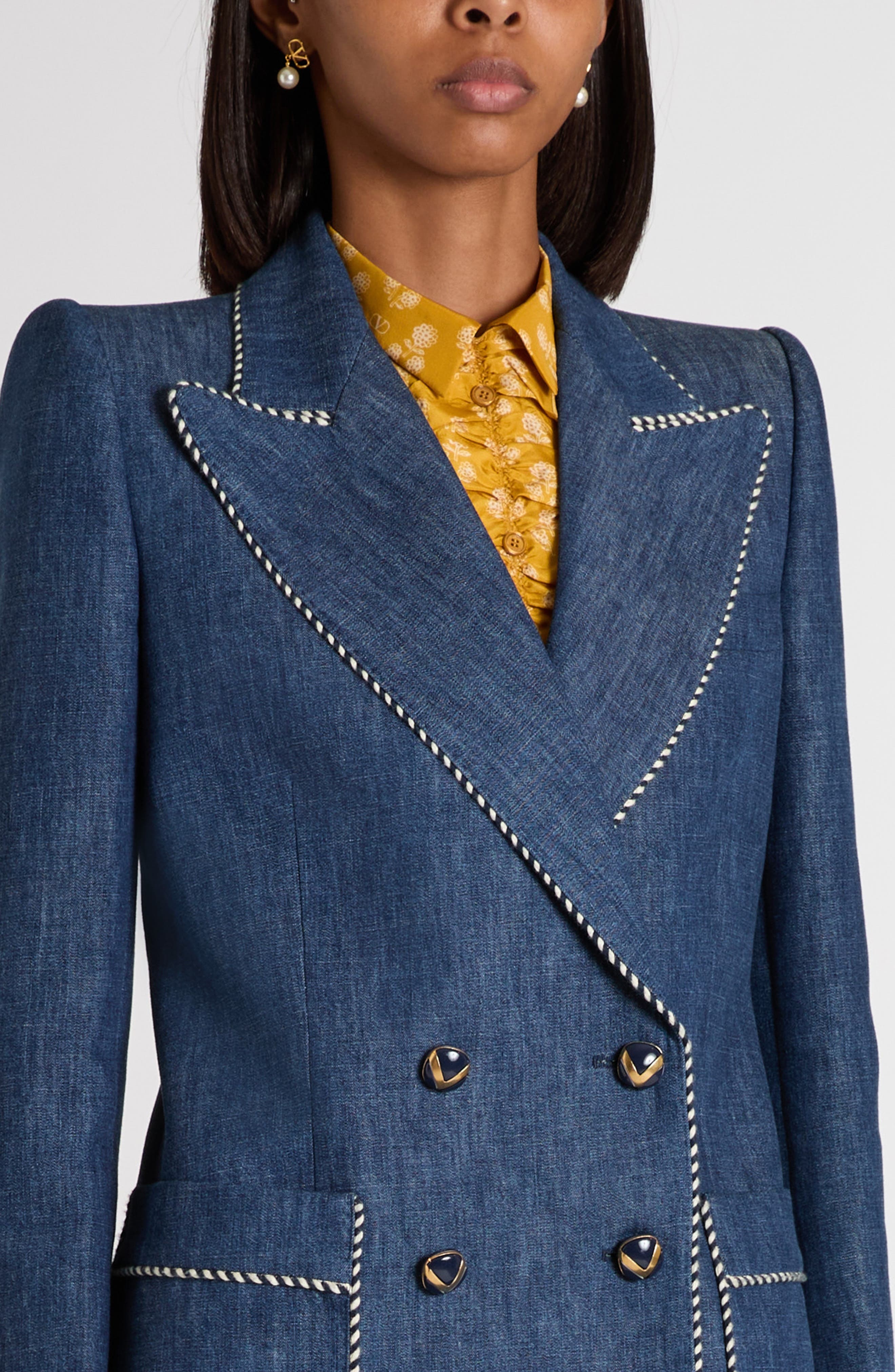 Valentino Garavani Piped Double Breasted Denim Blazer in Navy at Nordstrom - 5