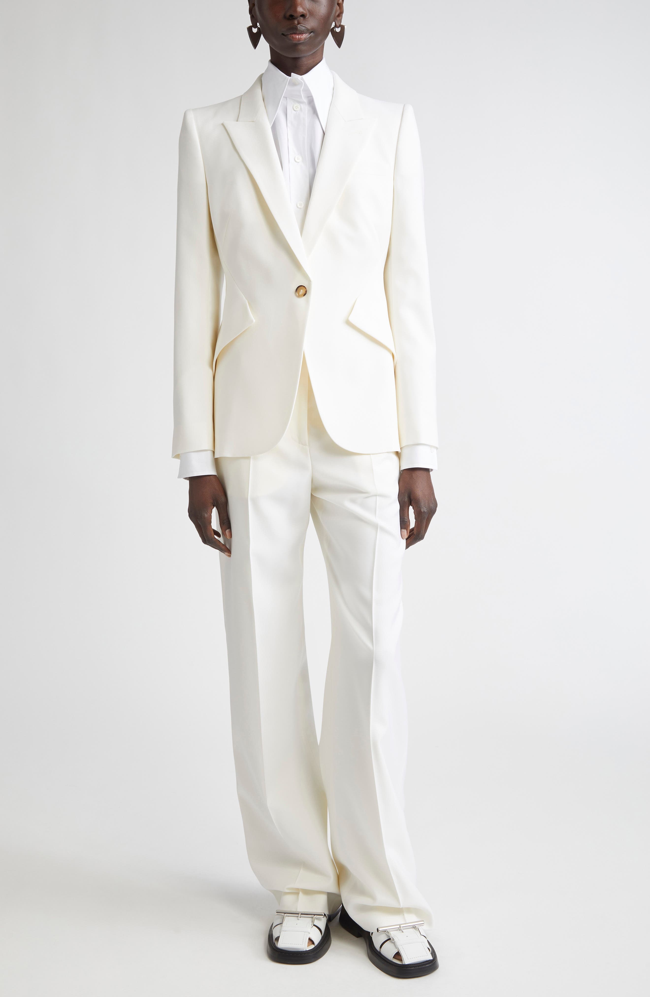 McQueen Wool Gabardine Wide Leg Pants in Bone at Nordstrom - 2