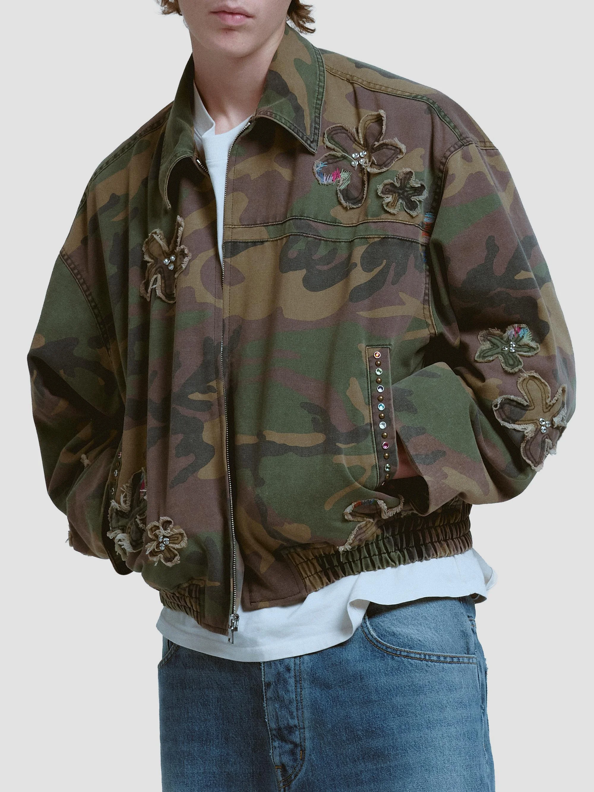 Men's Floral Patch Crystal Camo Bomber Jacket - Camo - 1