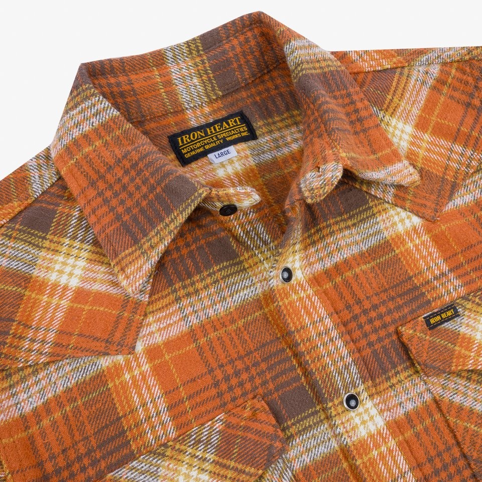 IHSH-399-ORA 12oz Slubby Heavy Flannel Check Western Shirt - Orange - 8