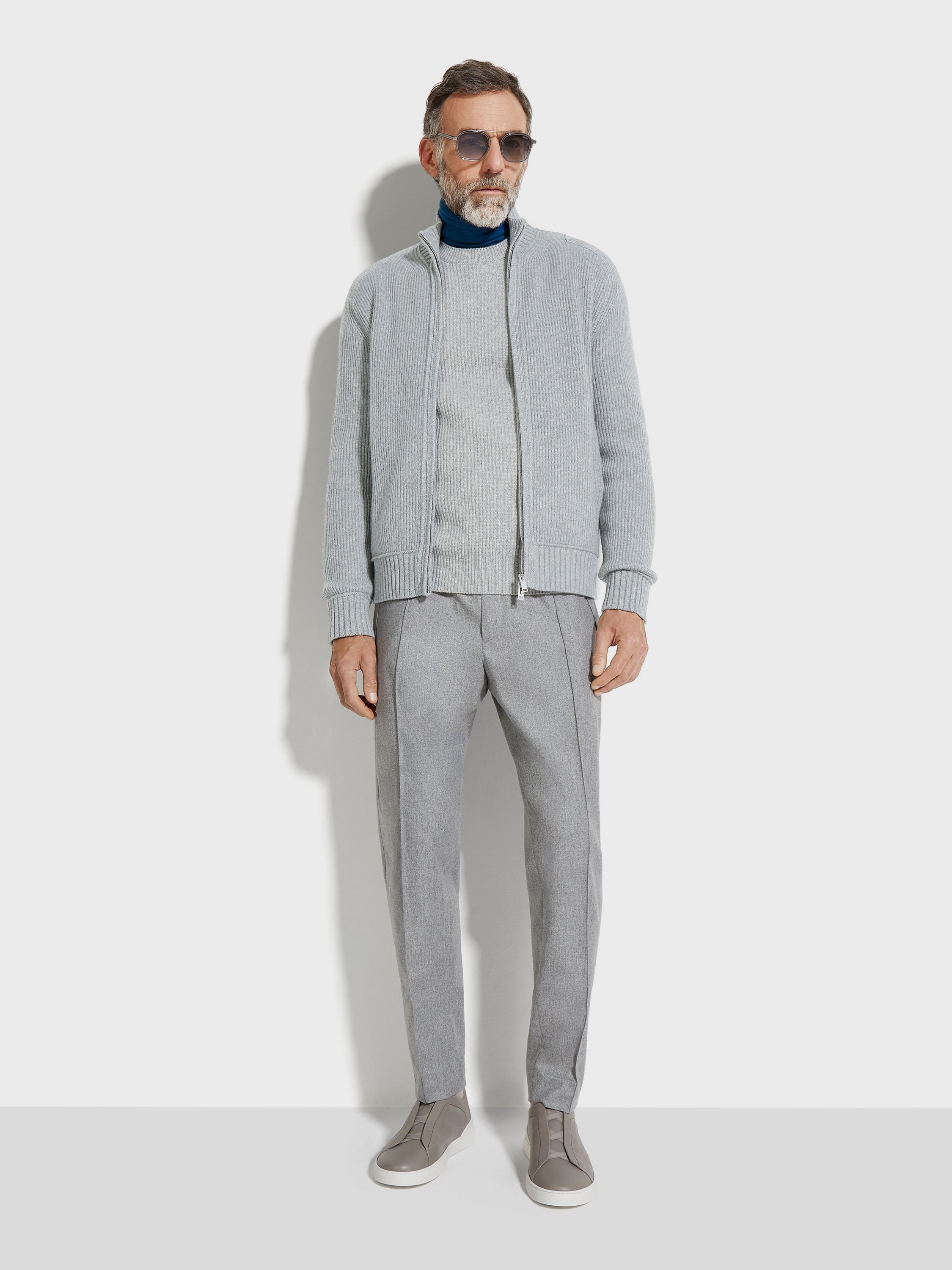 LIGHT GREY AND GREY MÉLANGE OASI CASHMERE FULL ZIP CARDIGAN - 3