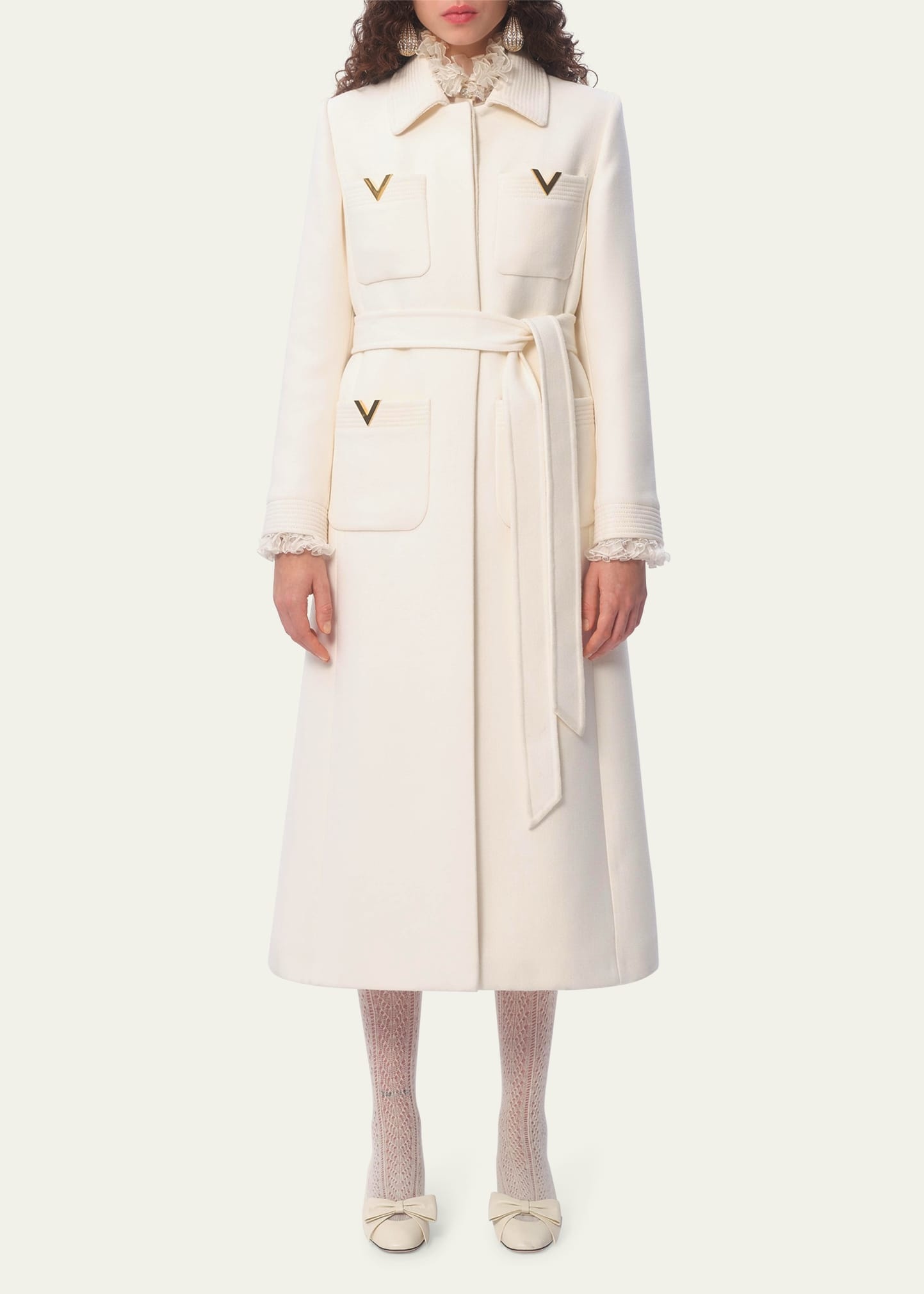 V Logo Collared Wool Coat - 2